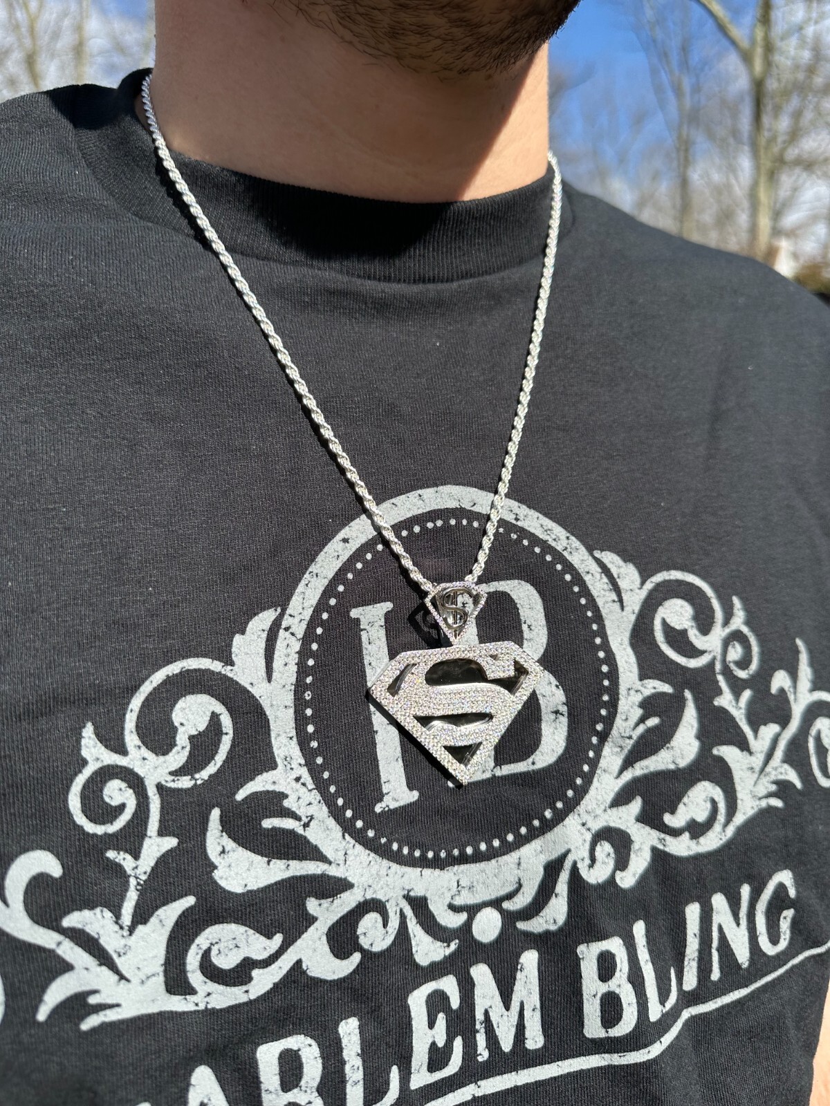 MOISSANITE Real 925 Silver/Gold Plated Iced SUPERMAN Superhero Pendant Necklace