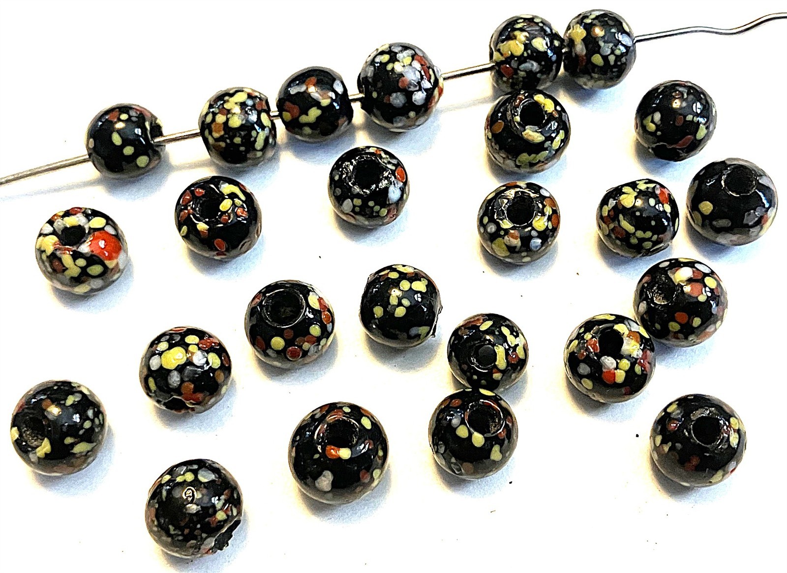 18 Vintage Japan Millefiori Jet Black Handmade Glass 8mm To 9mm Round Beads D40