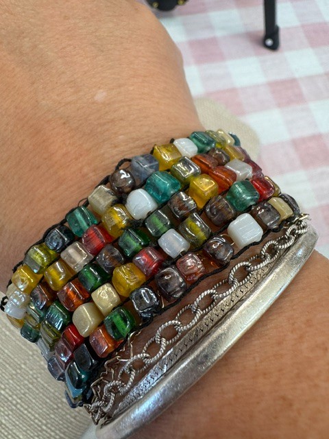 Multicolor Glass Bead 5 Wrap Bracelet Boho Artisan Woven Black Cord Stretch