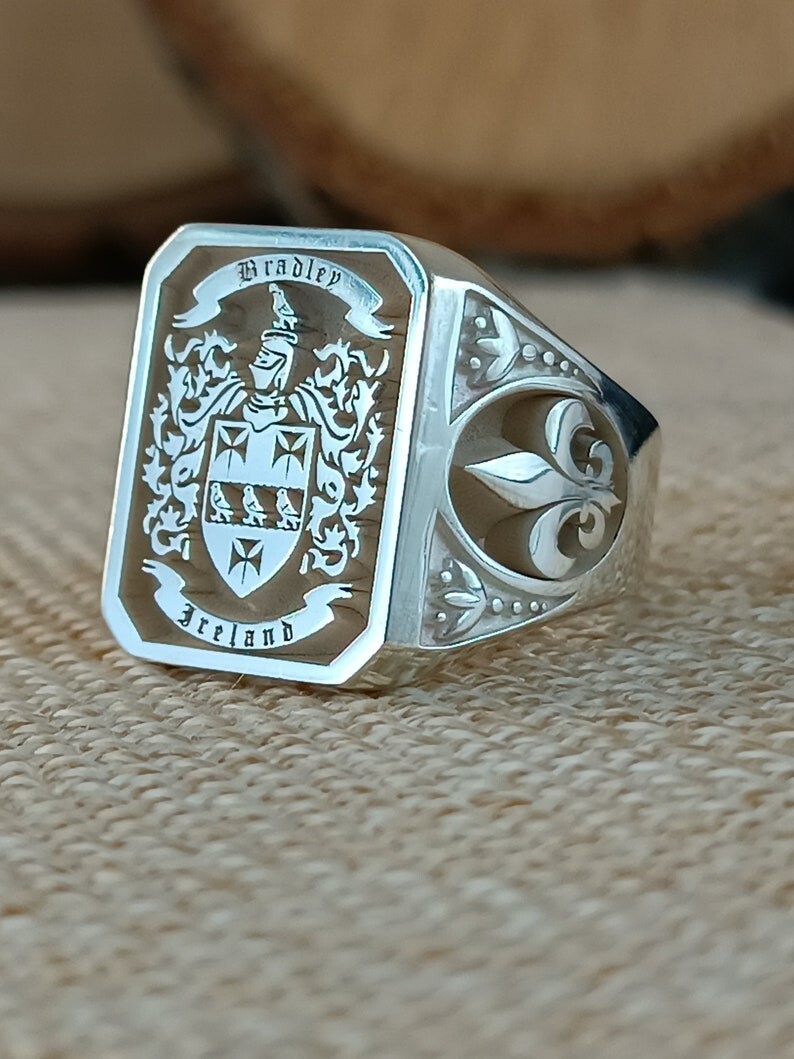 Custom Engraved Family Crest Ring, Personalized Coat of Arms Jewelry