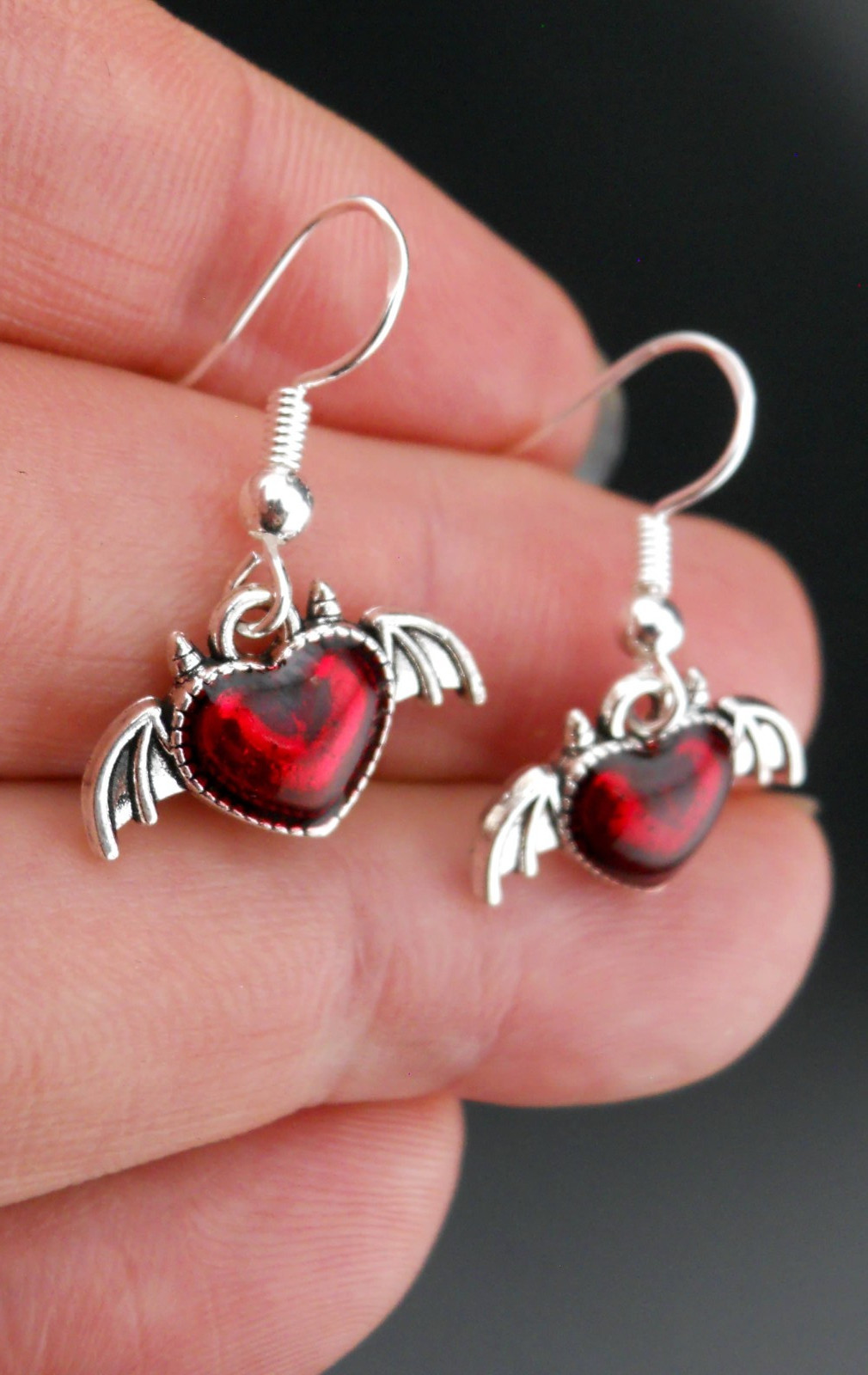 Blood Red Heart Earrings Sterling Silver Ear Wires Goth Bat Wings Devil Hearts