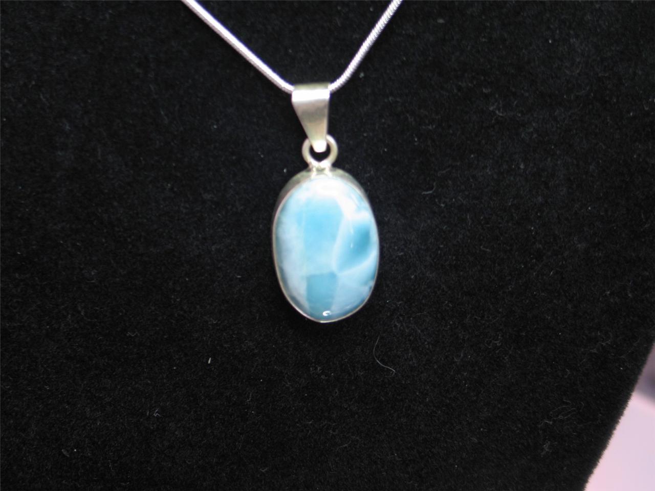 35CTW 1″ .925 SILVER NATURAL UNTREATED DOMINICAN PECTOLITE LARIMAR PENDANT & 16″
