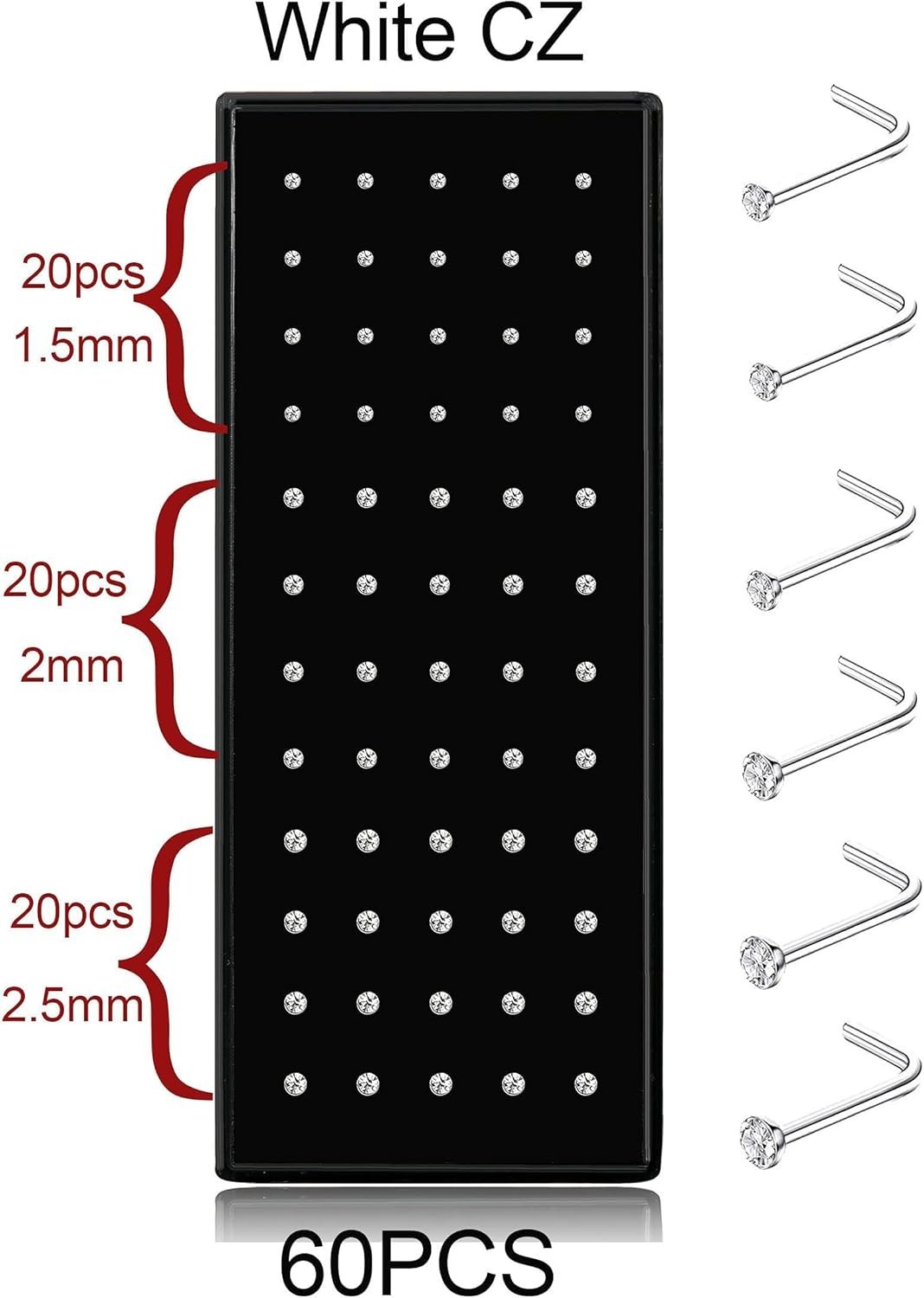 Versatile 60pcs Stainless Steel Nose Stud Rings – 1.5mm to 2.5mm for Daily Wear