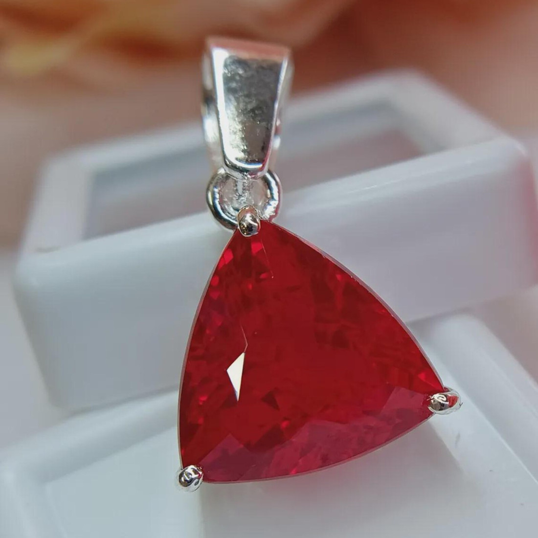 25 Ct Lab Created Ruby Trillion Pendant German Silver Solitaire Red Gemstone