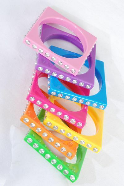 Lot of 7 Acrylic SQUARE Bangles with rhinestones – 2.75″ (medium-large)