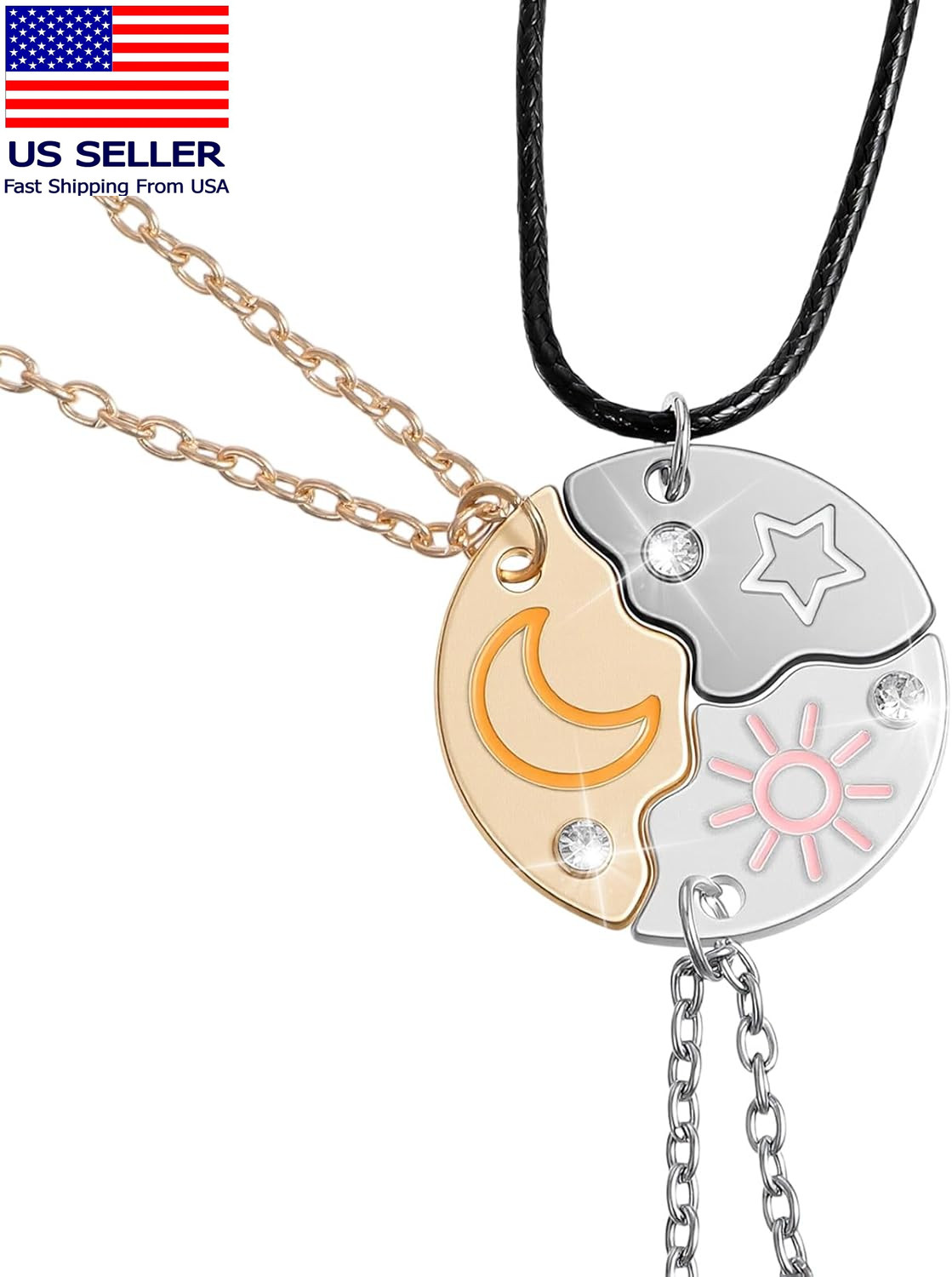 3Pcs Friendship Necklace for 3 Sun Moon Star Puzzle BFF Necklace round Matching