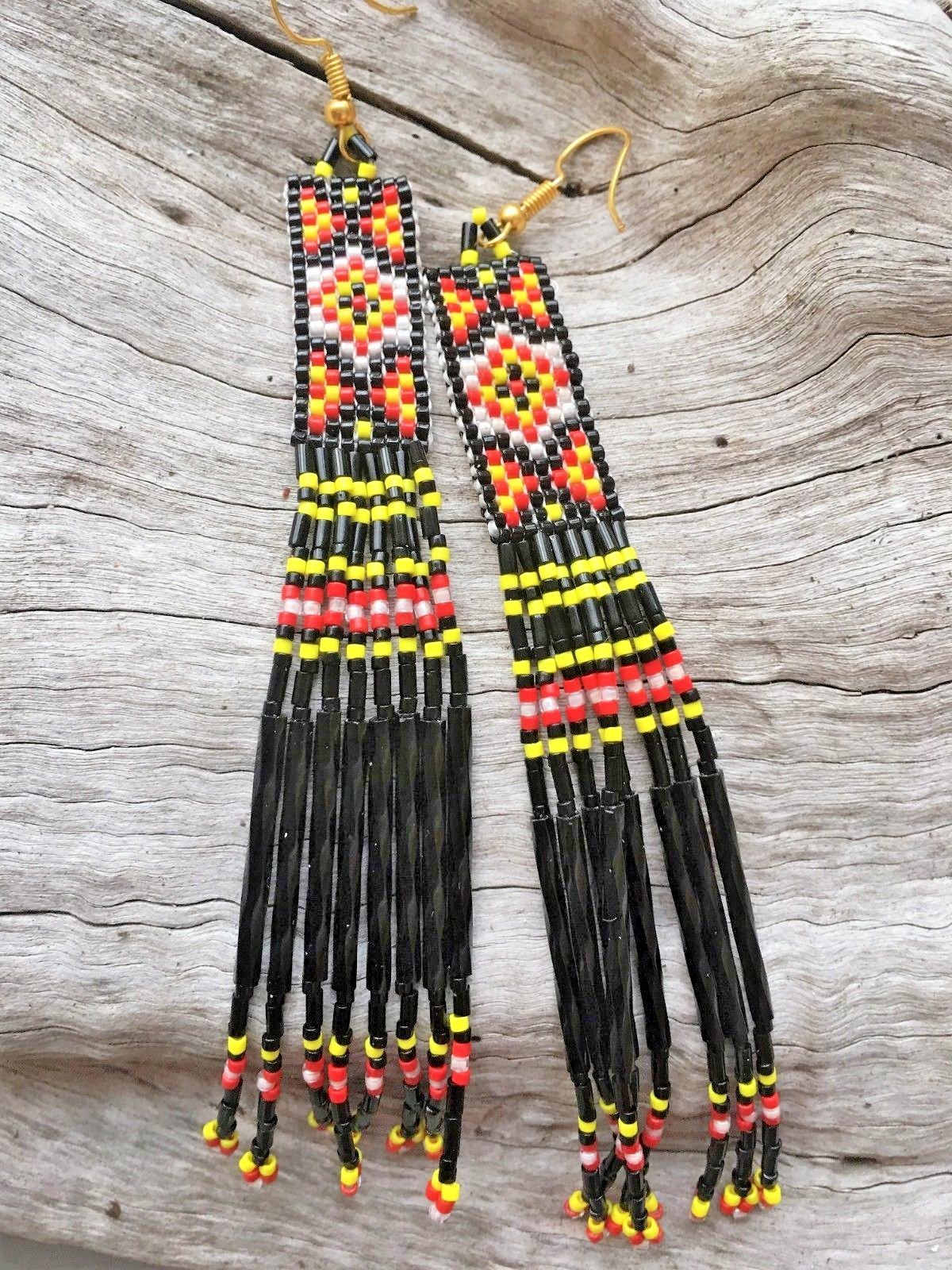 Long Native Style Boho Black Yellow Red Shoulder Duster Beaded Fringe Earrings