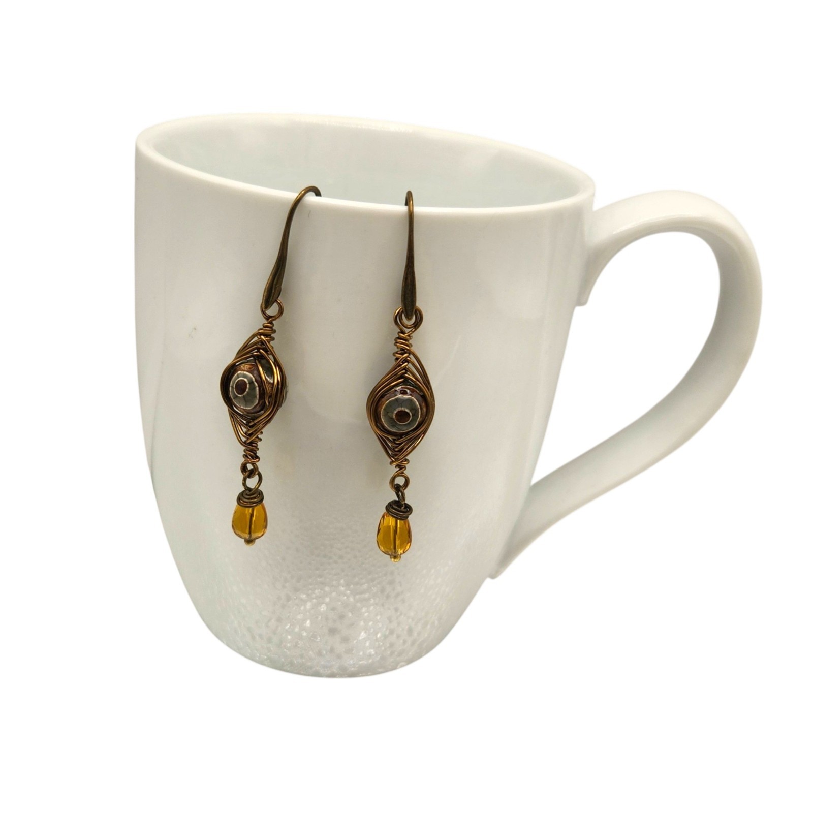 Handmade Stone Herringbone Wire Wrapped Dangle Earrings Gold Silver Bronze