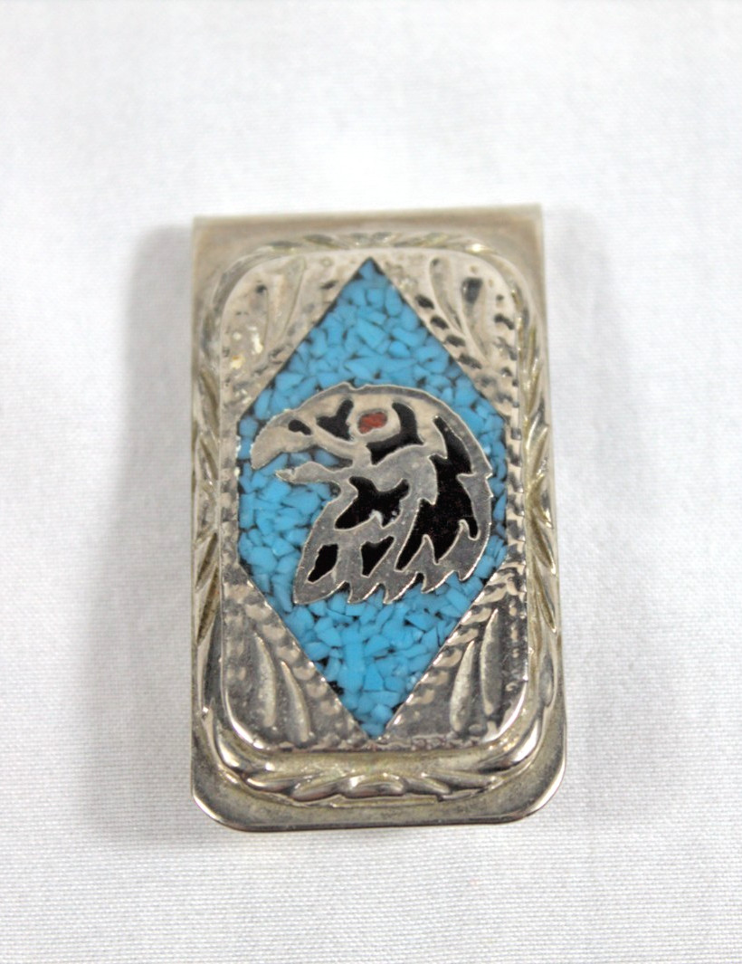 Nickle Silver Eagle Money Clip with blue/red stones