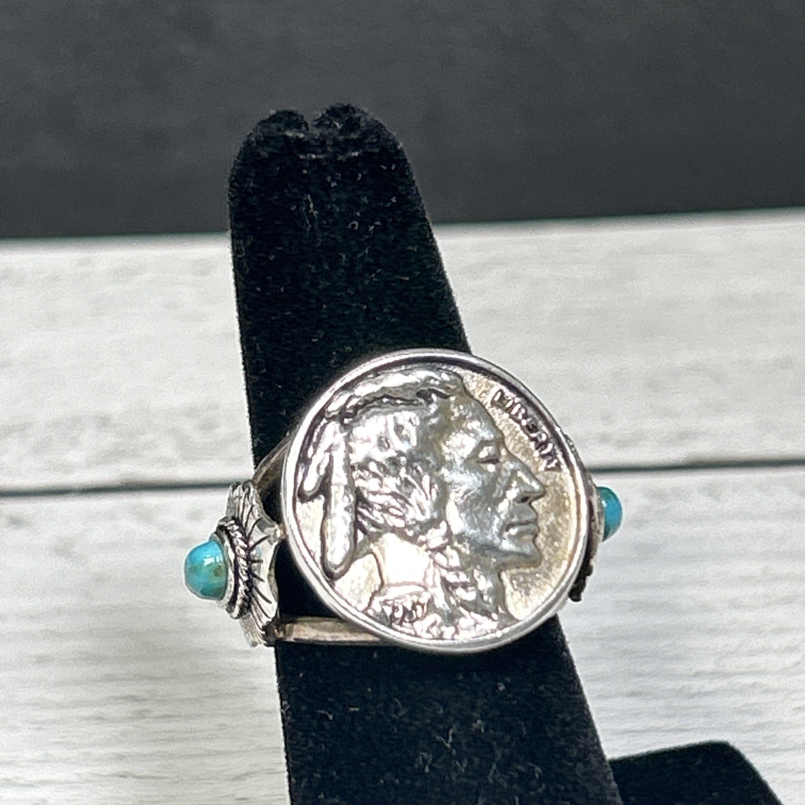 Vintage Silver 925 Navajo 1937 Indian Head Nickle Turquoise Ring Signed BBJ Sz 7
