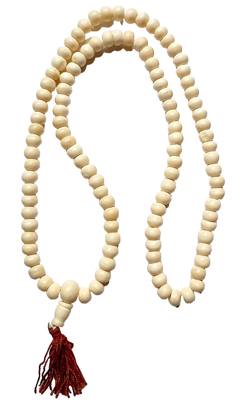 Water Buffalo Bone Beads, Mala or Long Strand, 30″, 108 Beads, White, 7 mm Each