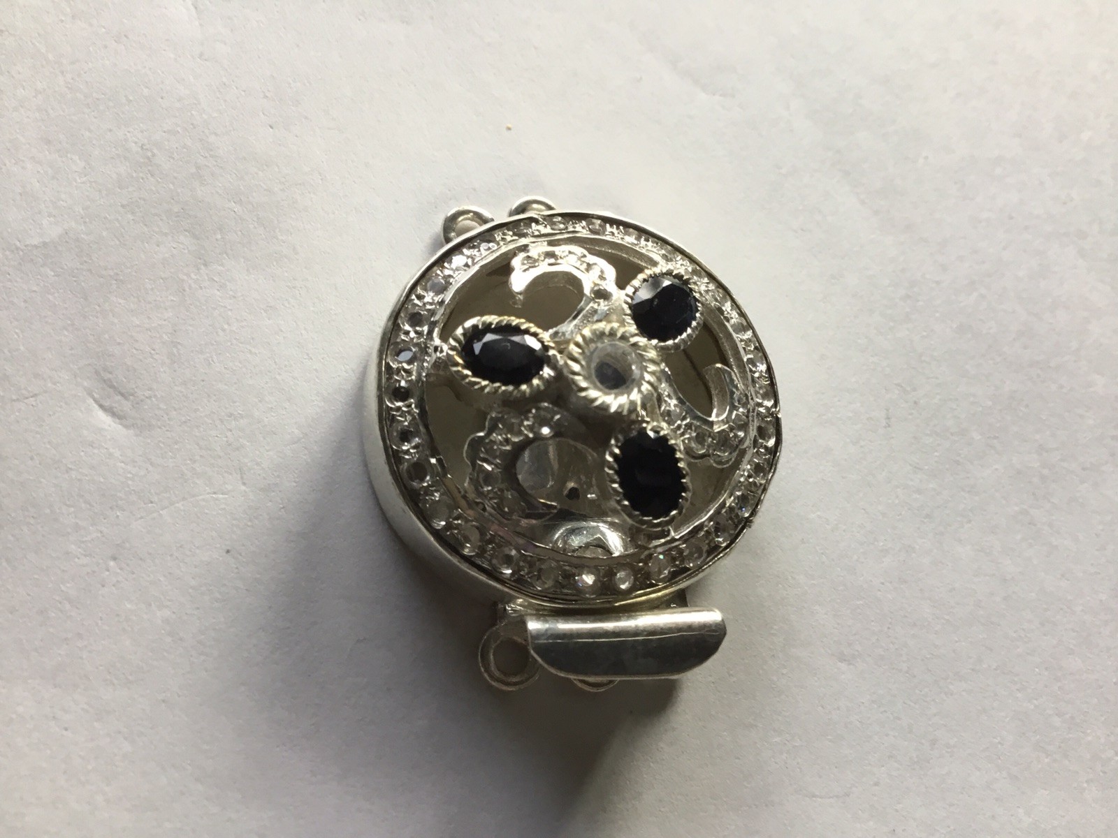 Silver plated brass ,box-tab Clasp for Jewelry w/dark blue sapphire & clear CZ