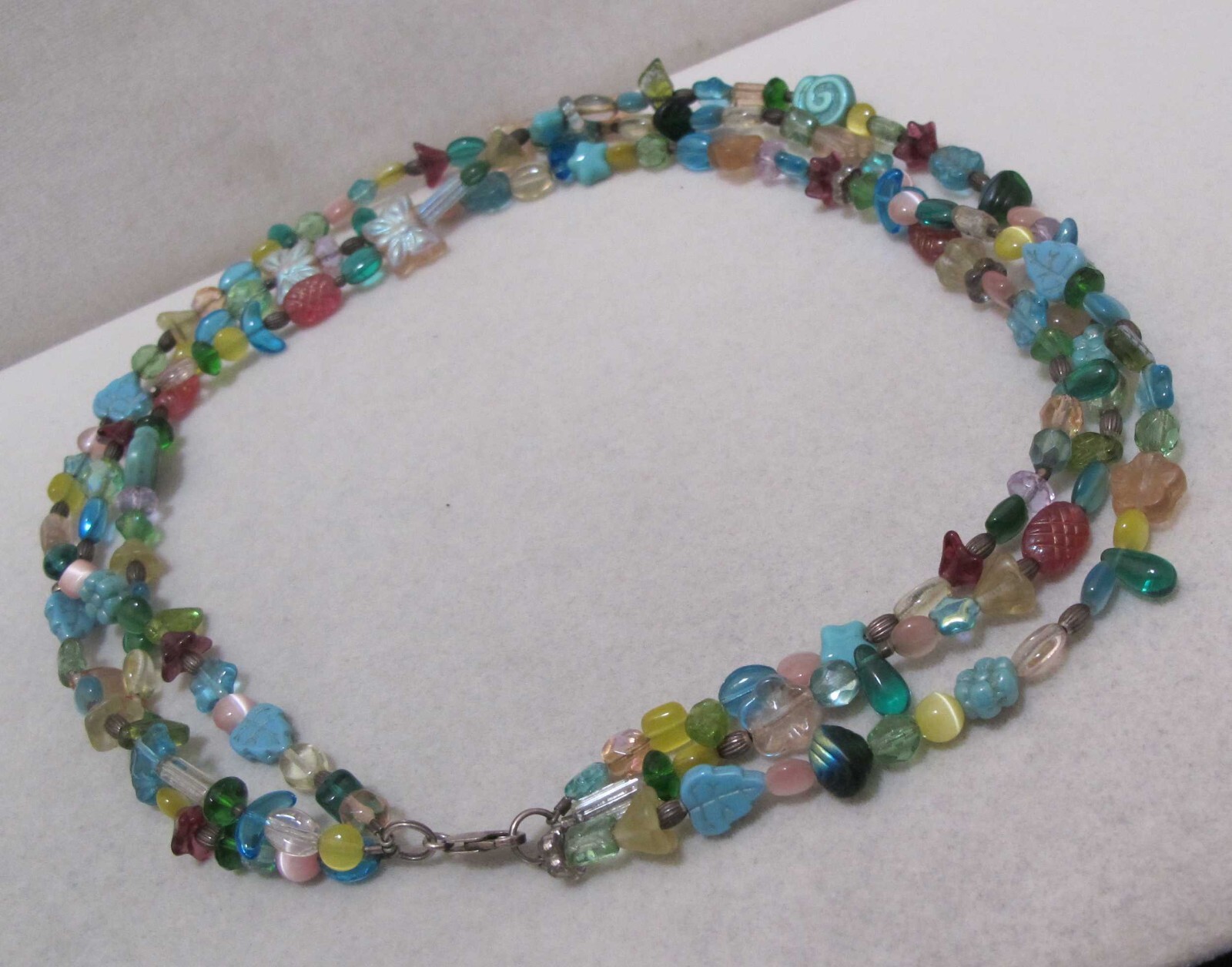 3-Strand Blue Beige Translucent & Iridescent Beads 18” Necklace 925 Clasp