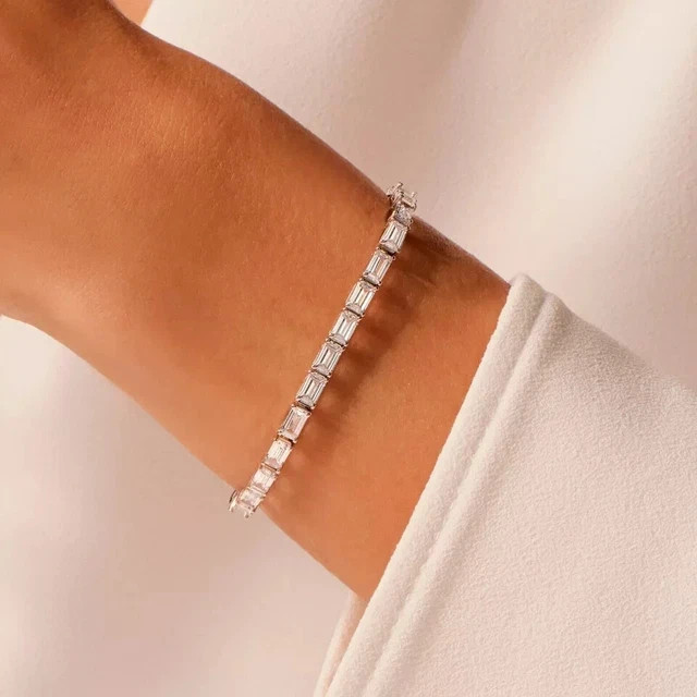 Emerald Cut Bridal Tennis Bracelet 9Ct Lab Created Diamond 14K White Gold Plated