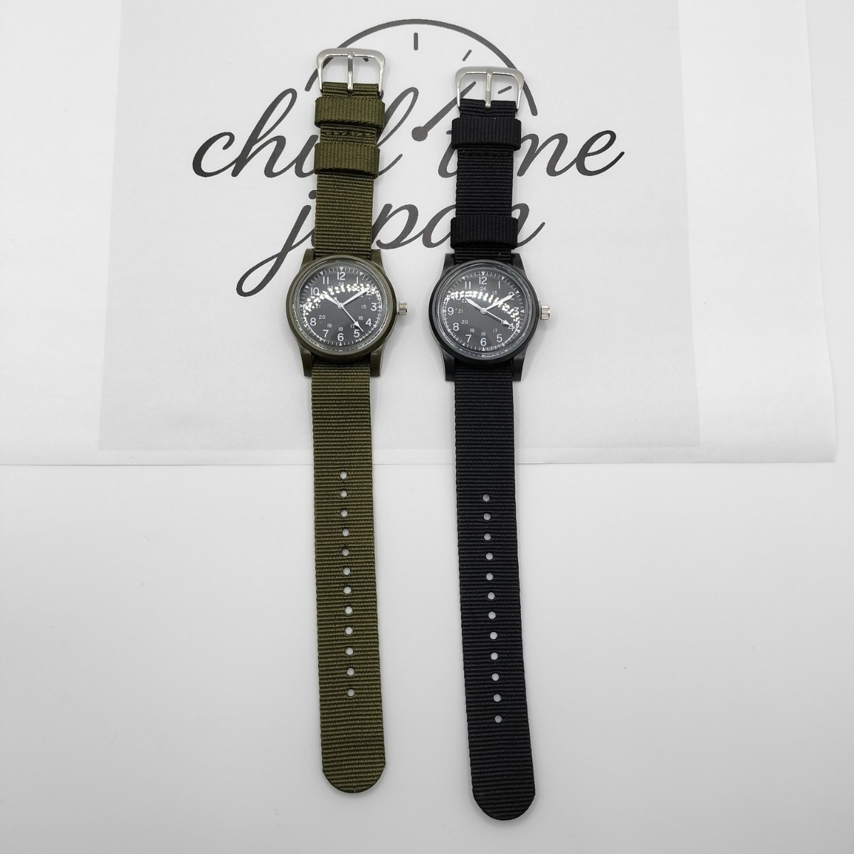 Daiso Military Watch Miri Set of 2 Olive & Black Movement New One-Piece Strap