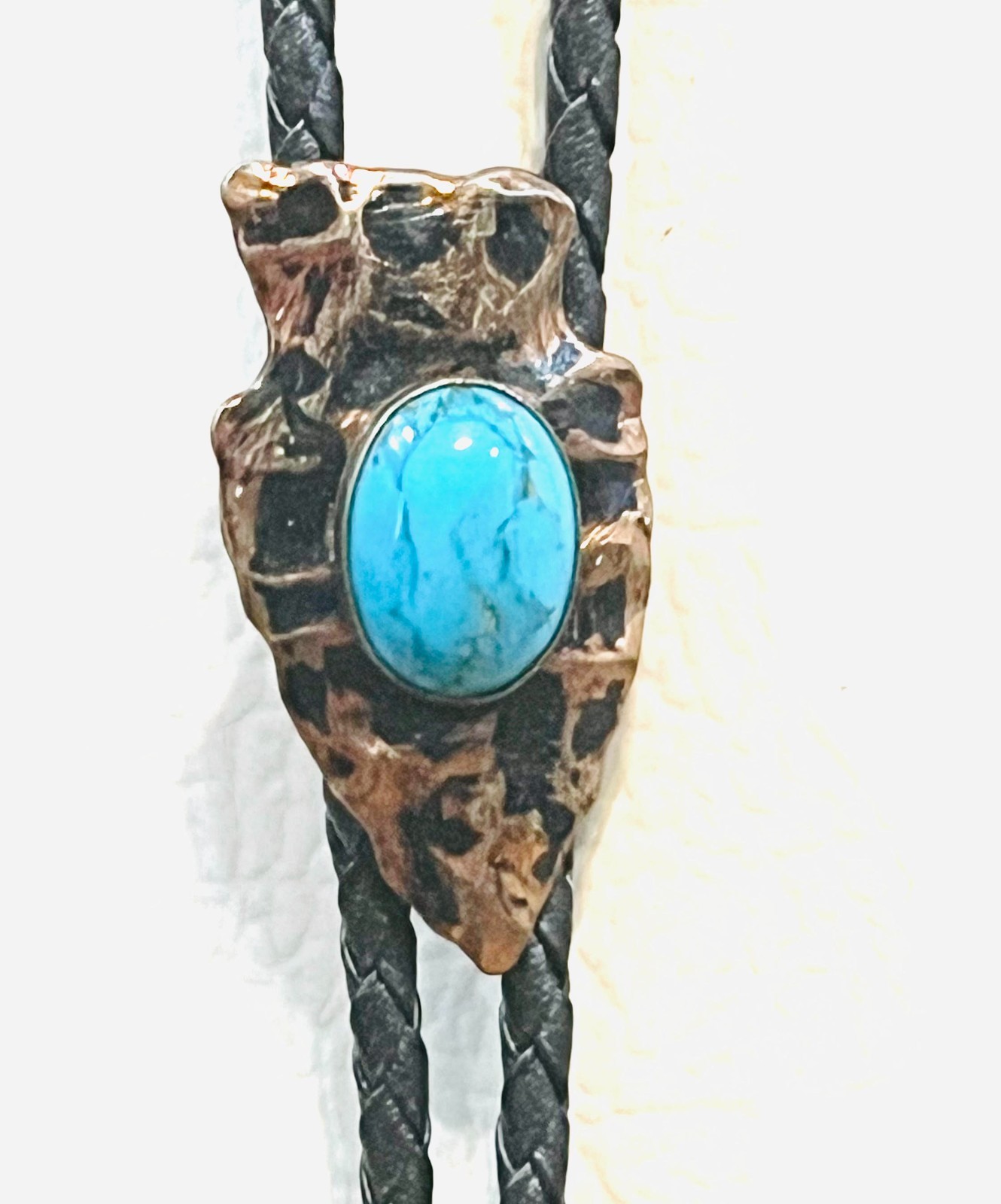 Southwestern Native American Hammered Copper Turquiose Bolo Tie With Dangles