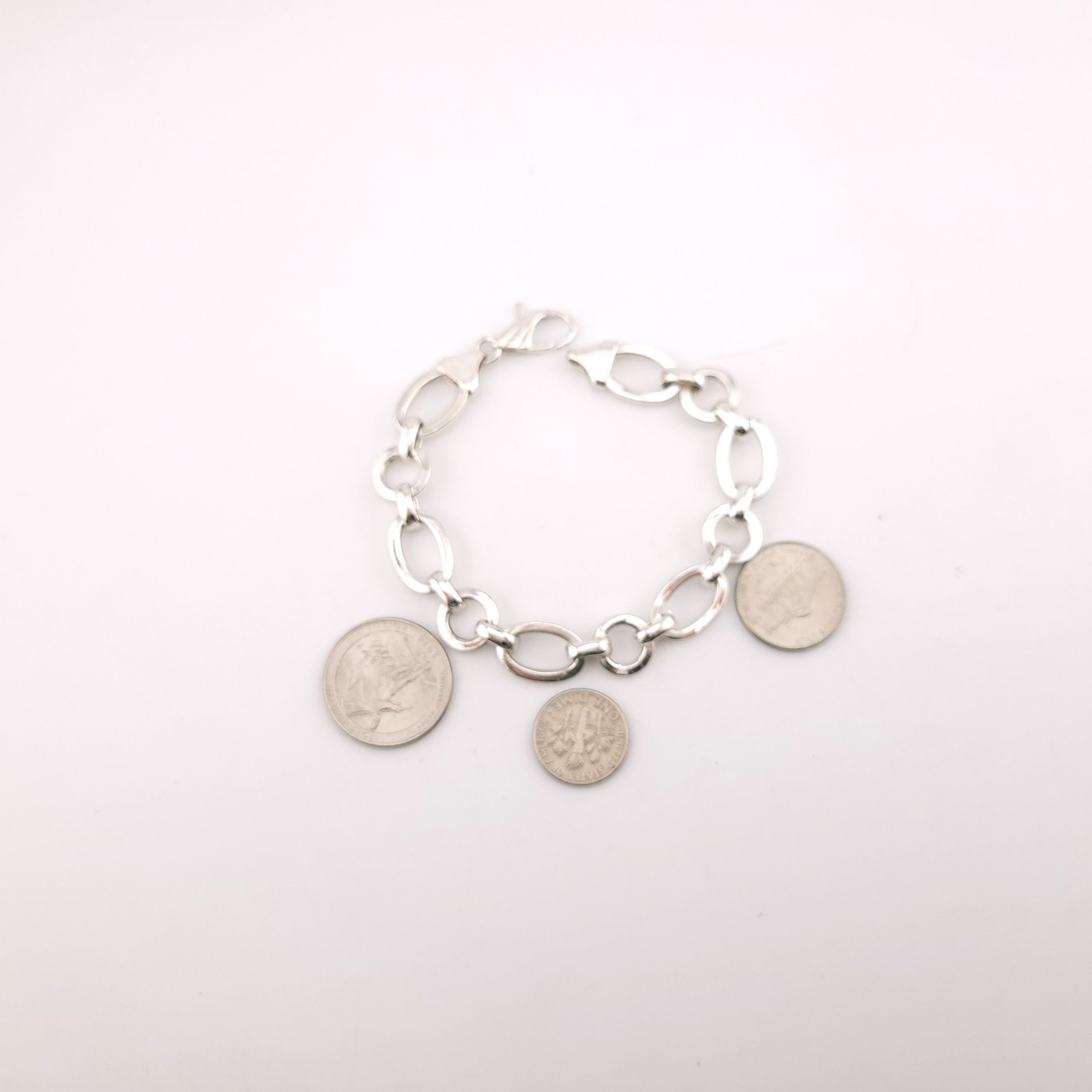 Signed “M” Sterling Silver Round & Oval Disk Circle 8″ In Chain Link Bracelet