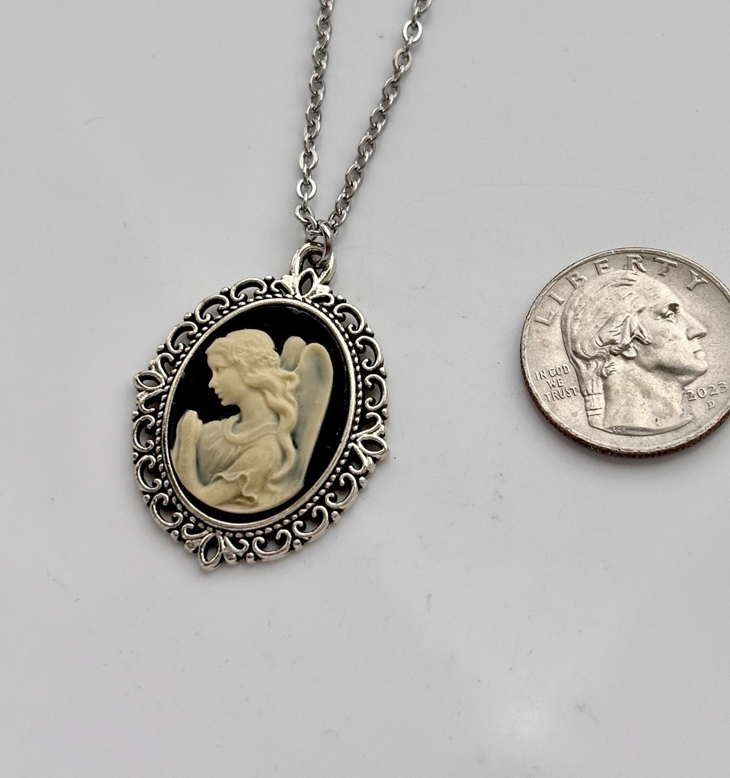 Praying Guardian Angel Cameo Necklace Ivory on Black Vintage Religious Pendant