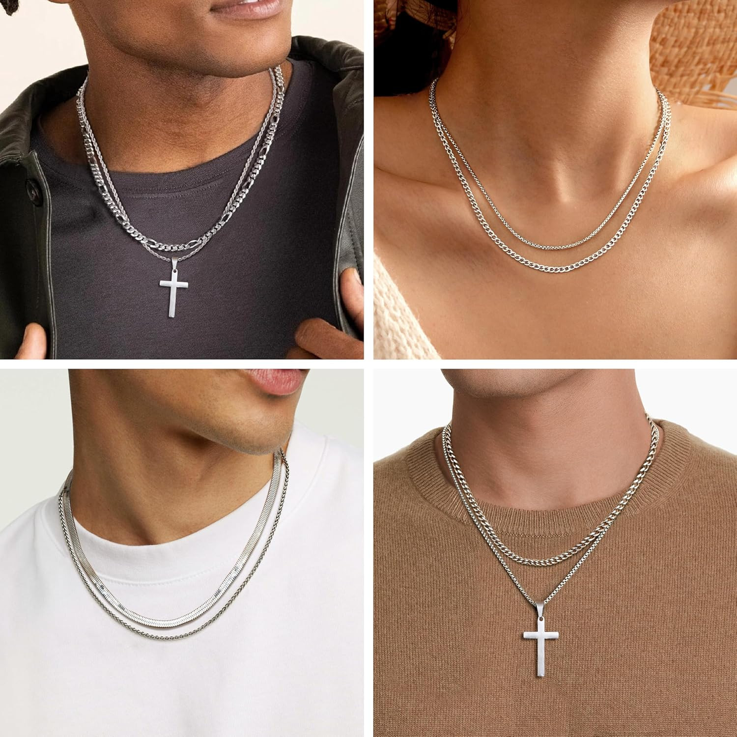 6PCS Silver Stainless Steel Cross Chain Layered Cuban Link Figaro Snake Box Chai