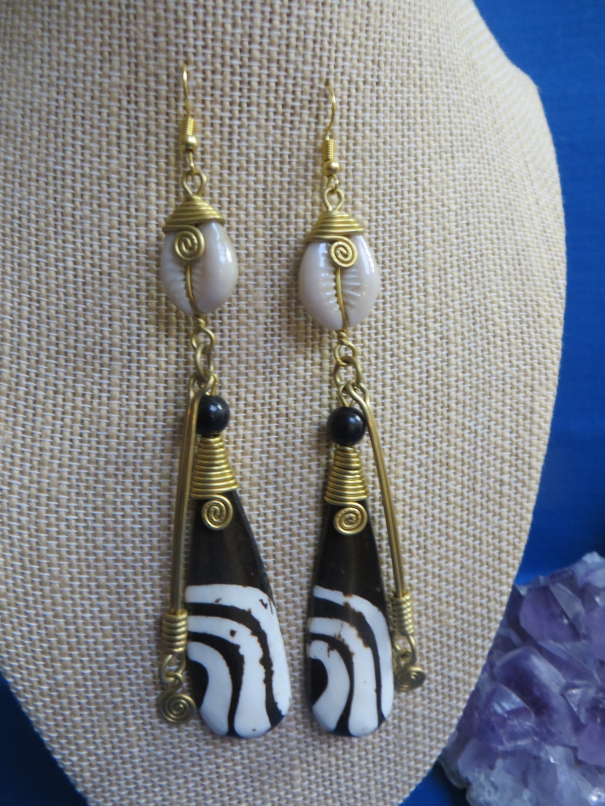 African Ethnic Jewelry BATIK, COWRIE SHELL, BRASS, BEAD EARRINGS FROM KENYA AA