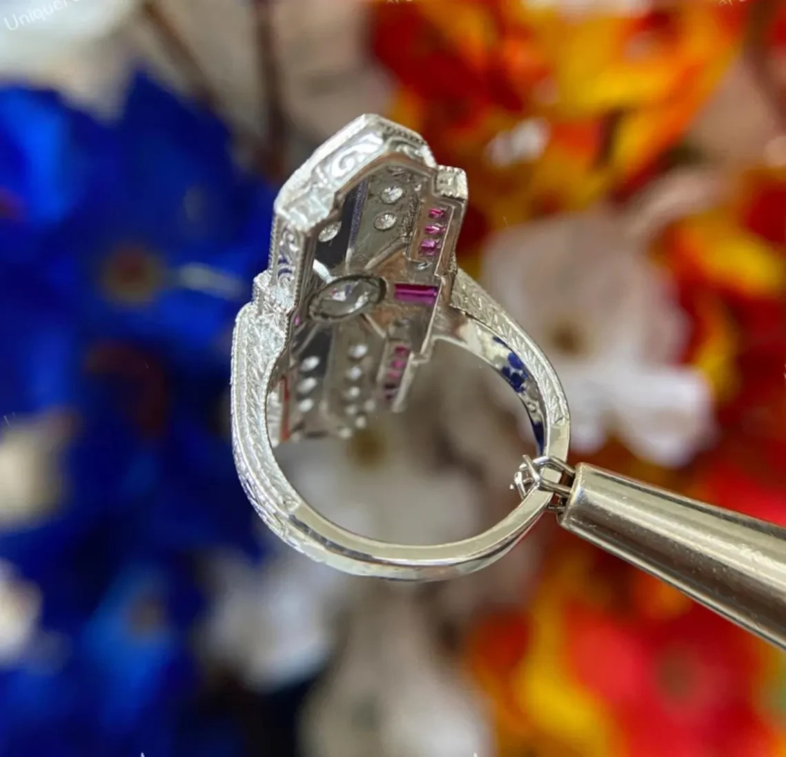 Vintage Moissanite & Ruby Milgrain Statement Cocktail Ring 935 Argentium Silver