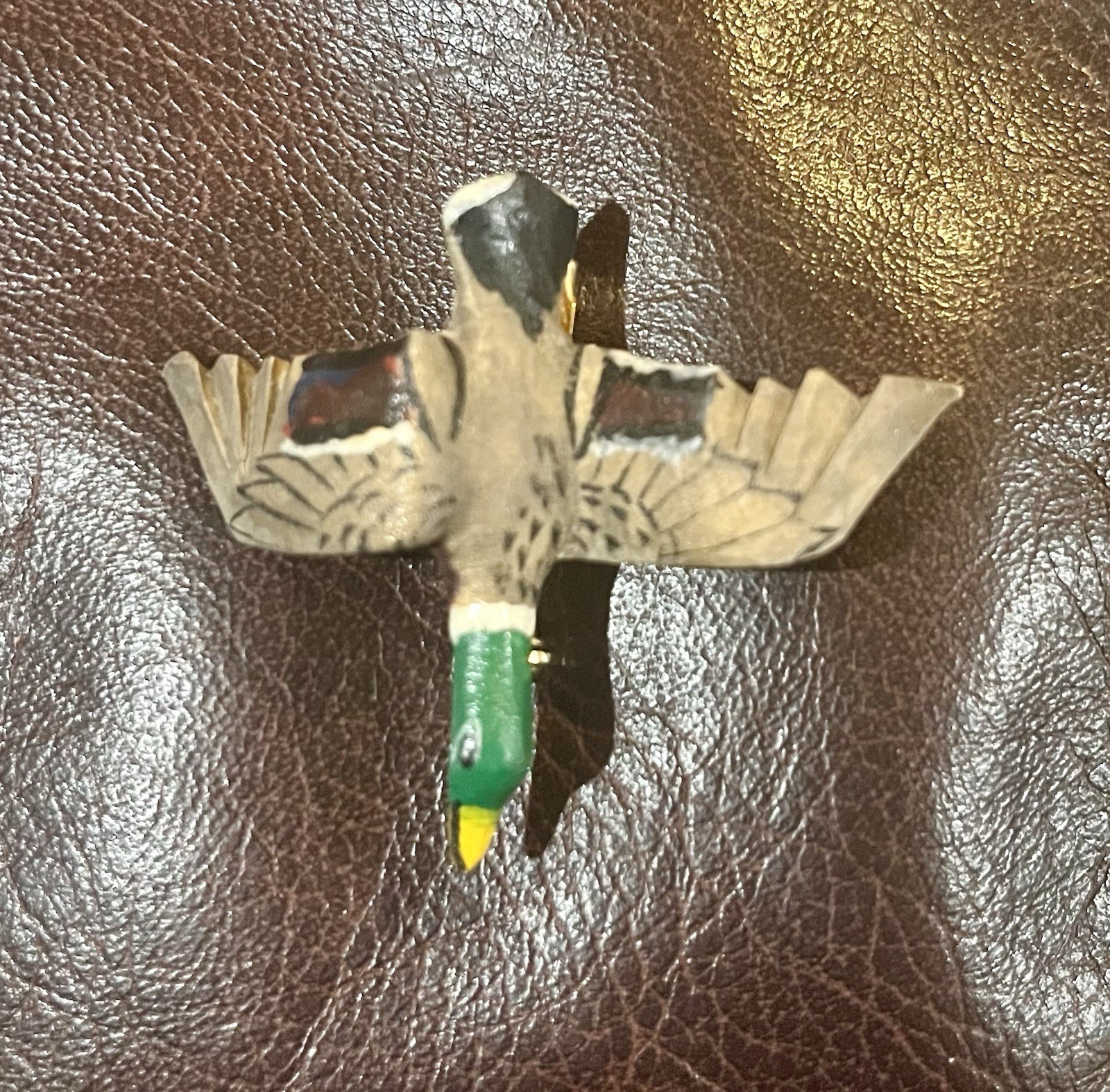 Carved Wood Mallard Duck in Flight Bird Brooch Pin