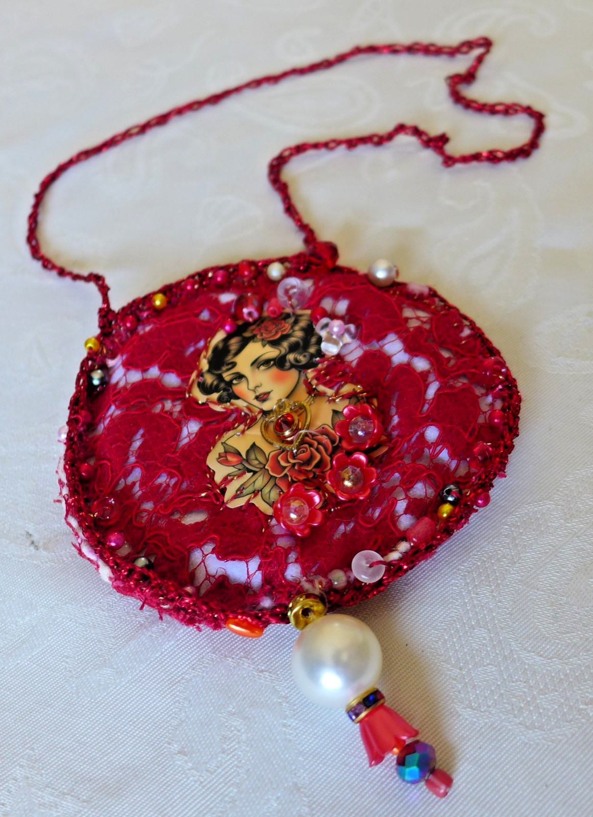 Handmade Crocheted art Necklace Cotton Fabrics embroidered crocheted+ Beads