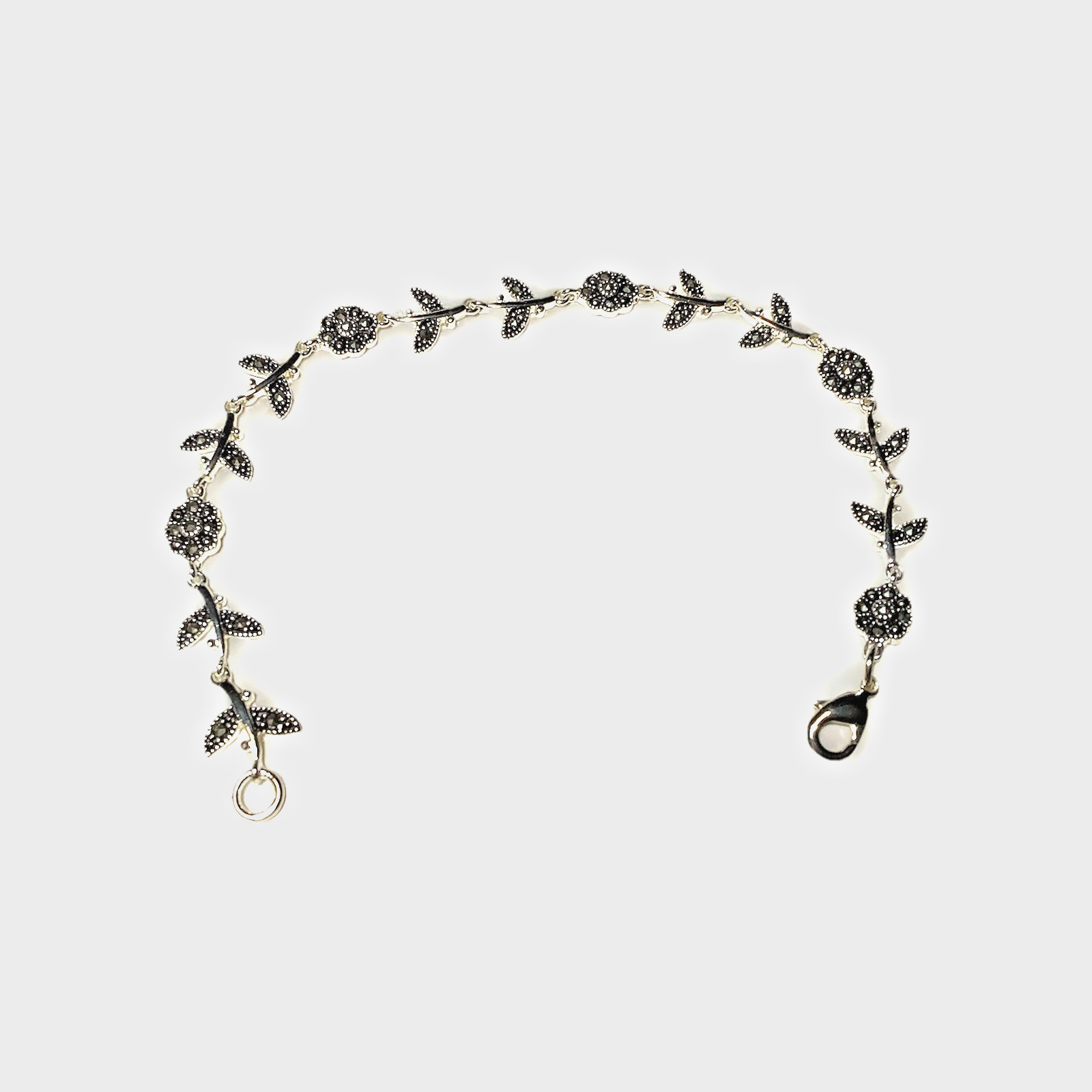 Marcasite In Fine Silver Plate Flower Leaf Vine Bracelet 7.5 Inches Gift Box