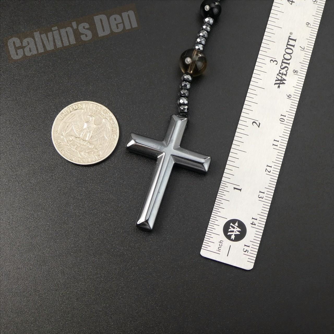 Yooperlite Black Onyx Smokey Quartz Bead Black Hematite Cross Rosary Necklace
