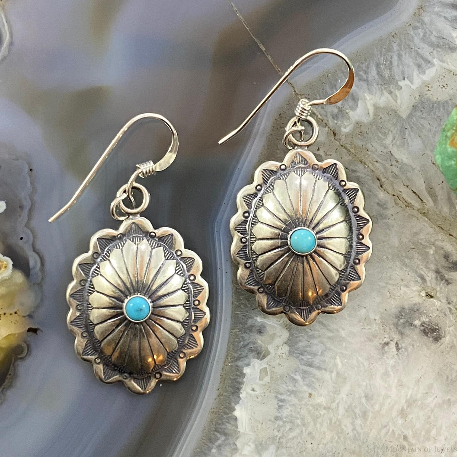 Native American Sterling Turquoise Dot Stamped Concho Dangle Earrings For Women