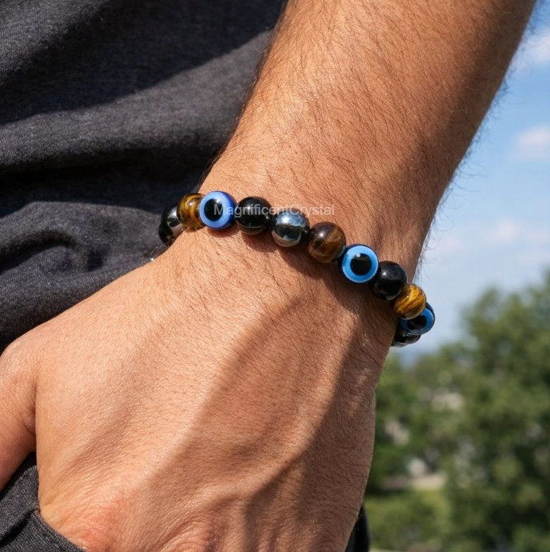 Evil Eye Triple Protection Bracelet Black Obsidian Tiger Eye Hematite Crystal