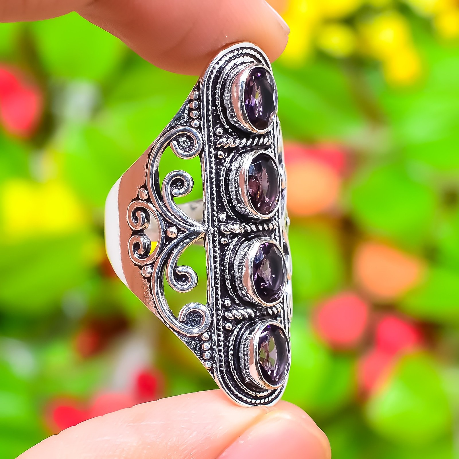 Amethyst Gemstone Handmade 925 Sterling Silver Jewelry Ring Size 10 D866