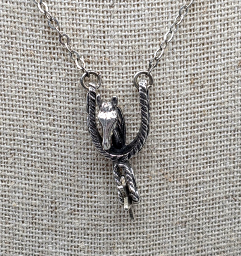 Vintage Sterling Silver Horse Head Western Star Spur Necklace 16.5″