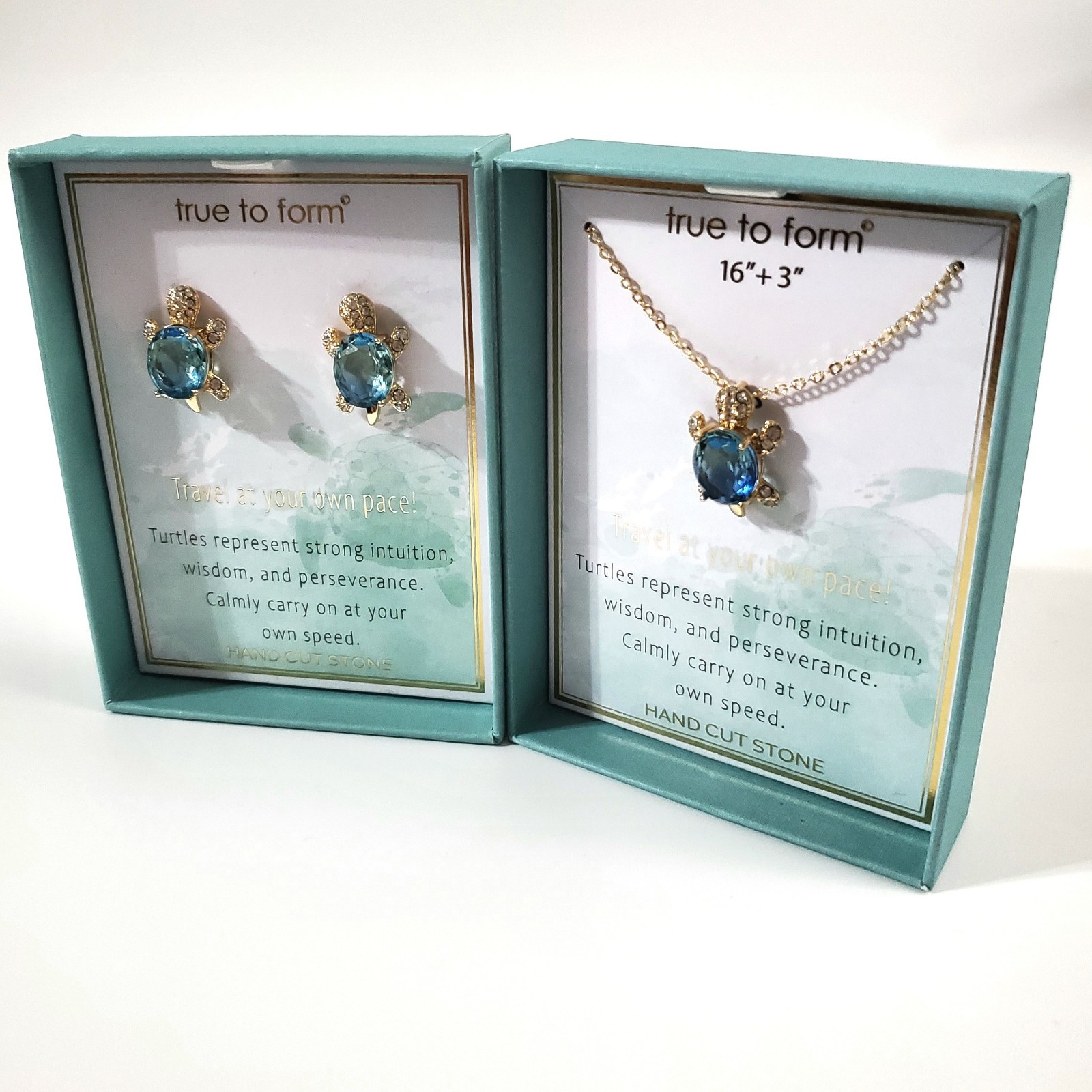 Crystal Turtle Jewelry SET Earrings Necklace Set Hand Cut Teal Stone NEW IN BOX