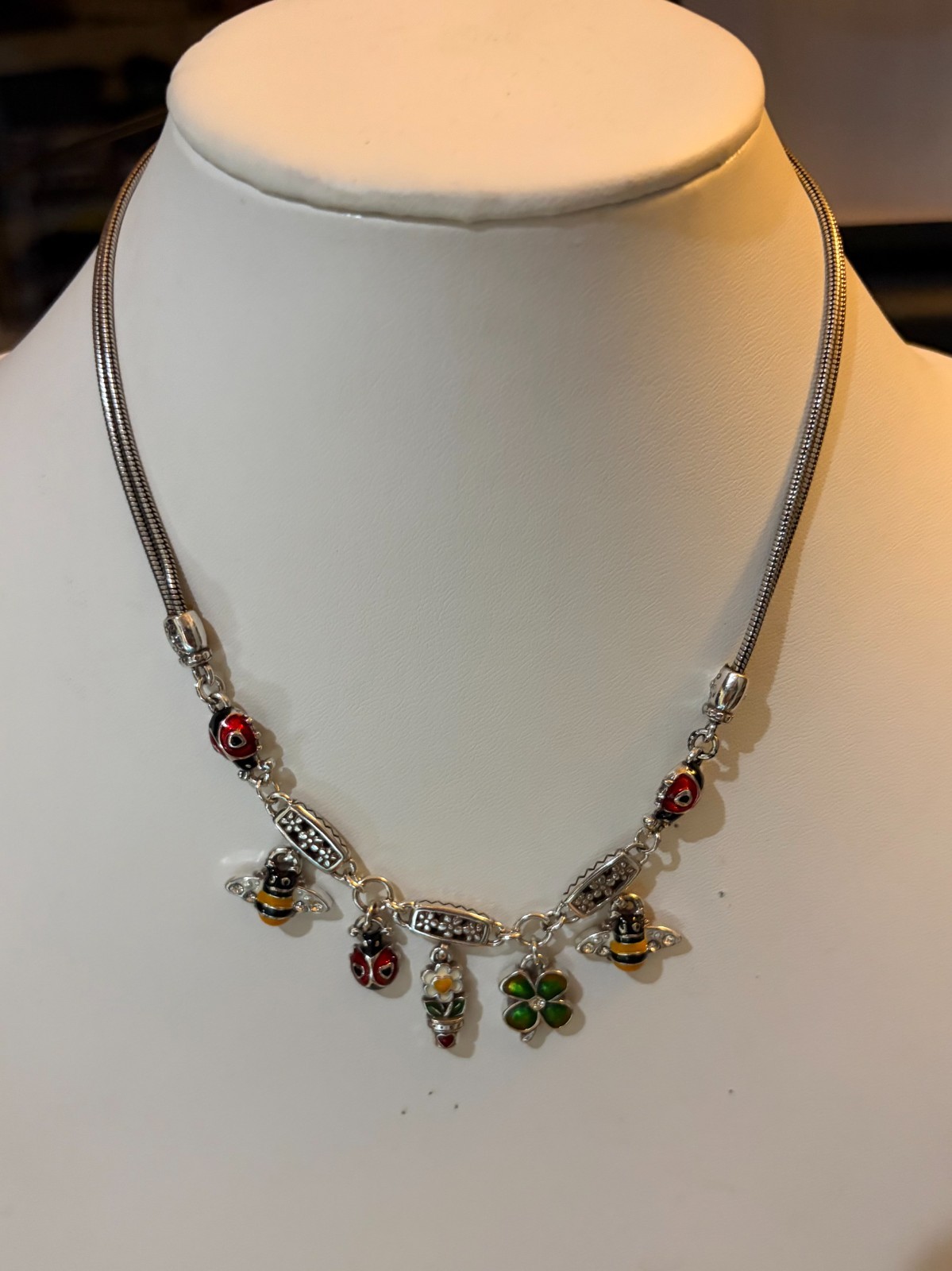 Retied Brighton Nature Charm Necklace Chocker with Ladybugs, Bees and Clover