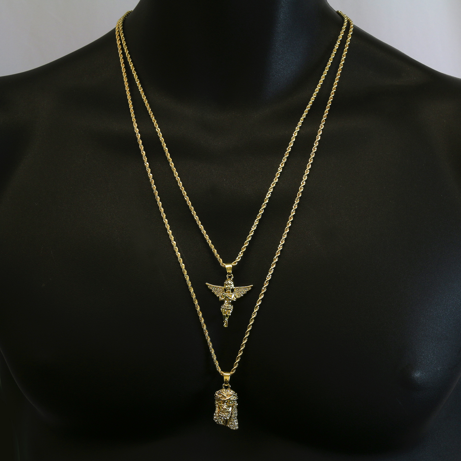 14k Gold Plated High Fashion Cubic-Zirconia Jesus & Angel 30″ & 24″ Rope chain