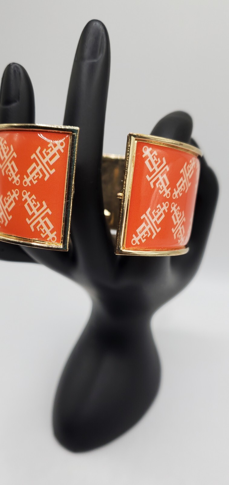 Lands End Gold Tone Orange with White Logo Enamel bangle /Cuff Bracelet