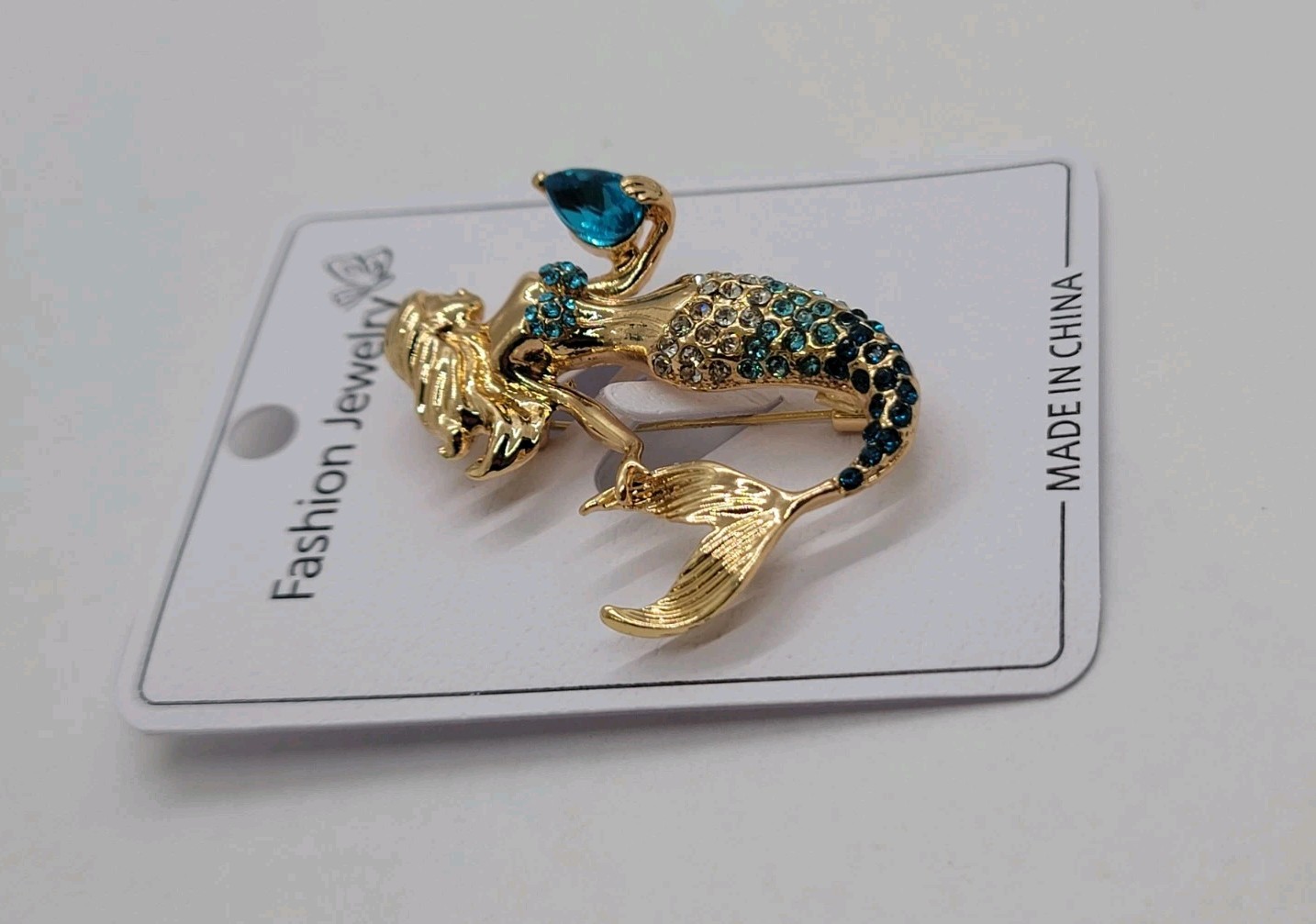 Gold-Tone Mermaid Brooch with Blue Gem – Rhinestone Tail & Top – Ocean Fantasy