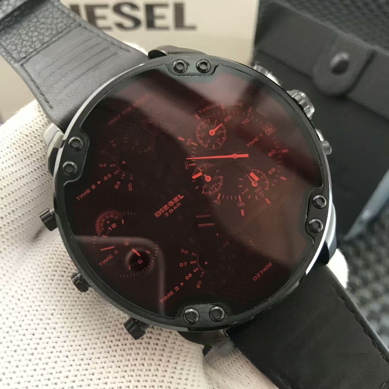 Brand new genuine DZ7402 Mr Daddy 2.0 Chronograph black leather watch 57mm