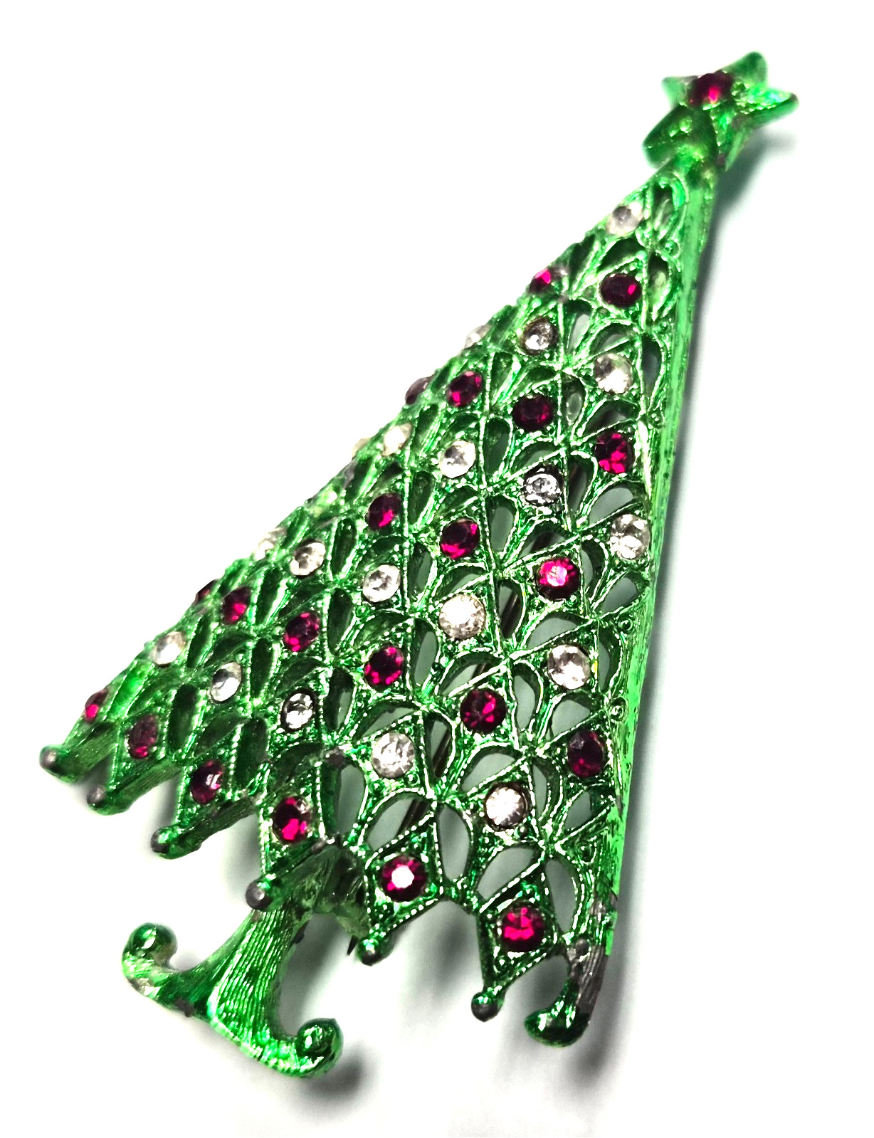 Vintage 70’s Signed MYLU Green Enamel & Rhinestone Christmas Tree Pin / Brooch