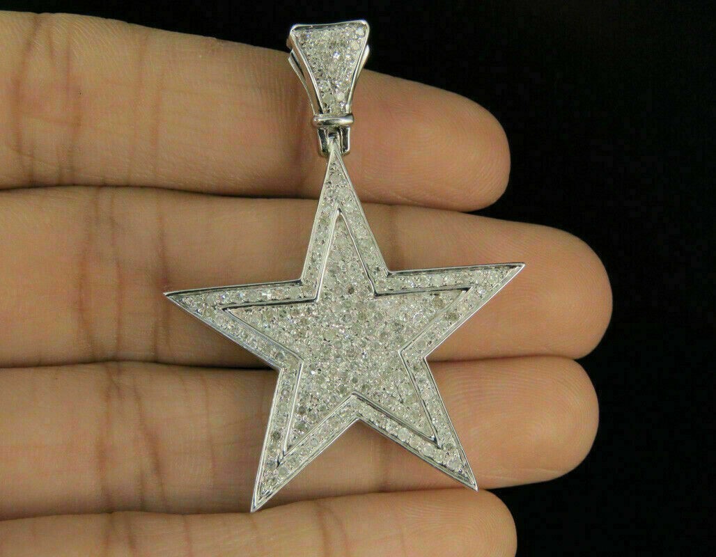 Men’s 14K White Gold Over Diamond Star Pendant Charm 1.35 CT 1.75″