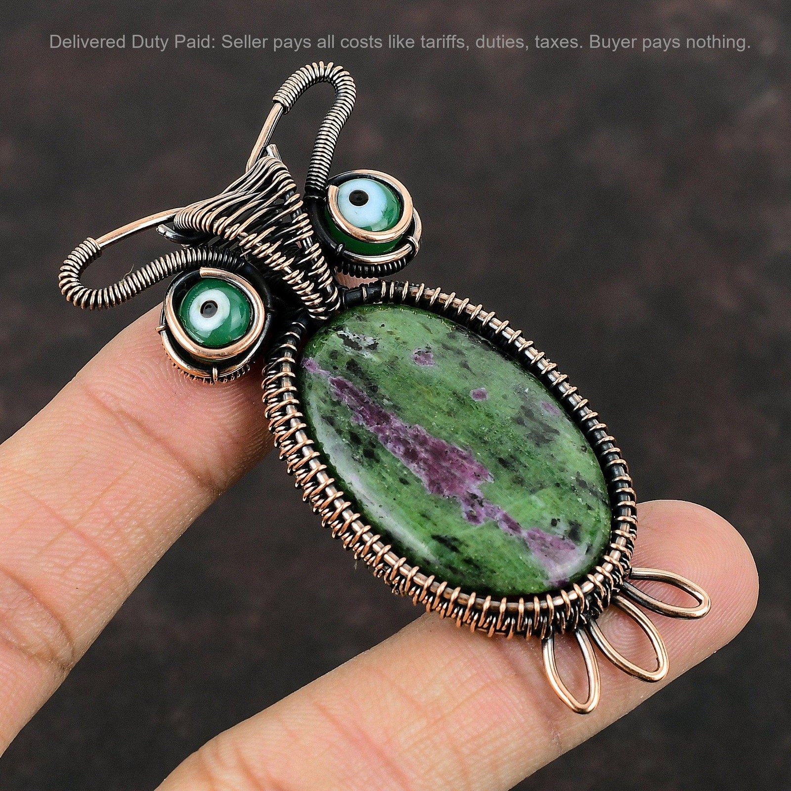 Ruby Zoisite Stone Green Color Evil Eye Copper Wire Wrapped Owl Pendant Jewelry
