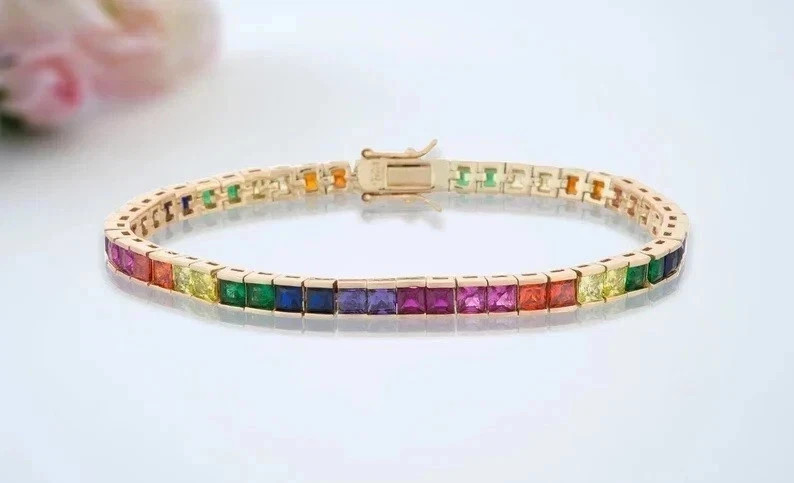 15TCW Lab Created Princess Cut Sapphire Women’s Tennis Bracelet 14K Gold Plated
