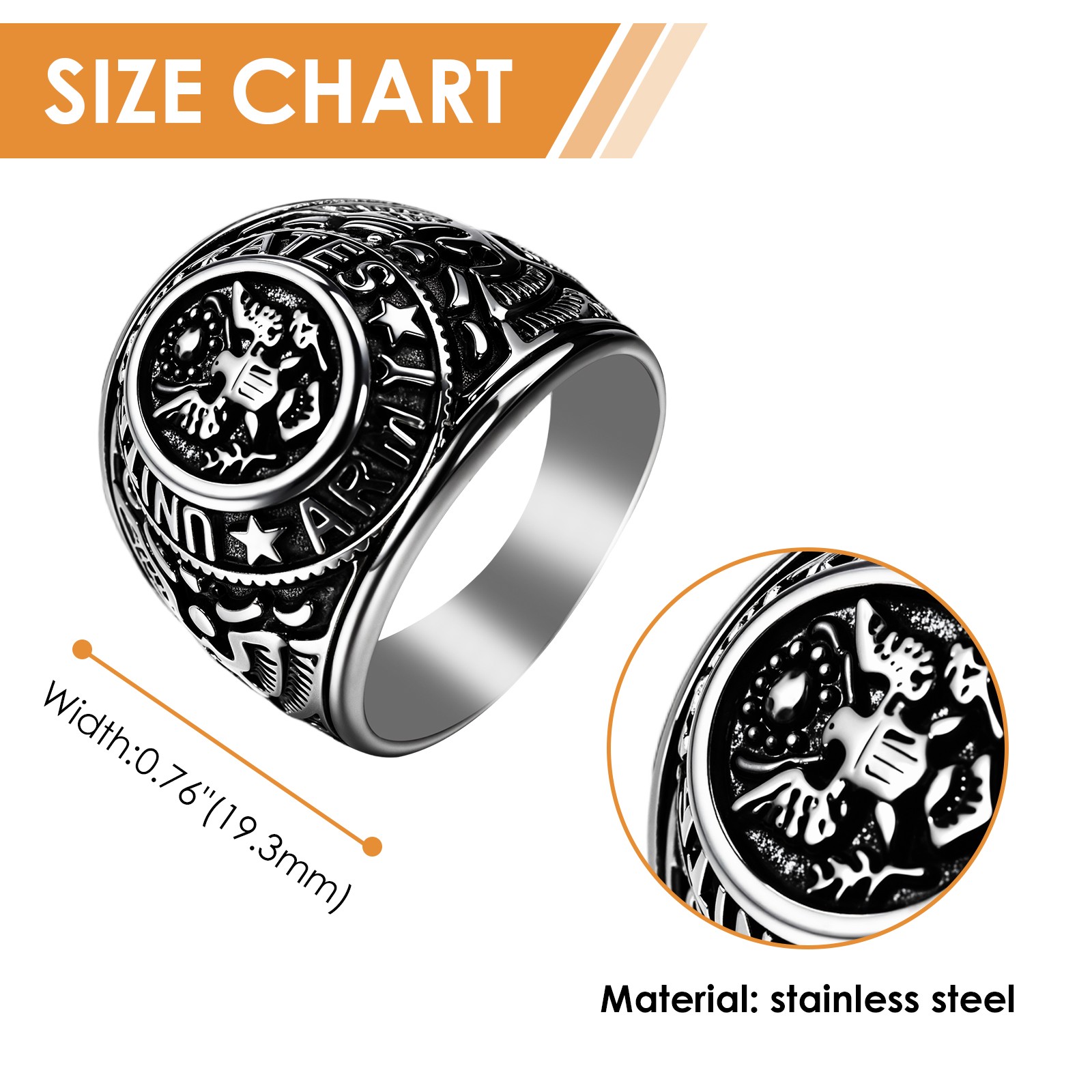 Men United States Army Eagle Ring Stainless Steel Weddding Signet Band Size 8-13