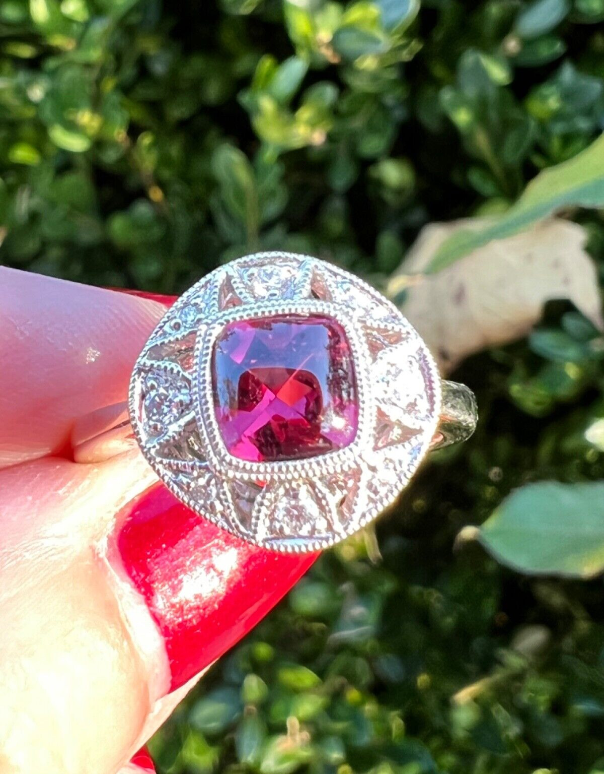 14K WHITE GOLD PINK TOURMALINE CABOCHON DIAMOND RING ENGAGEMENT ANNIVERSARY
