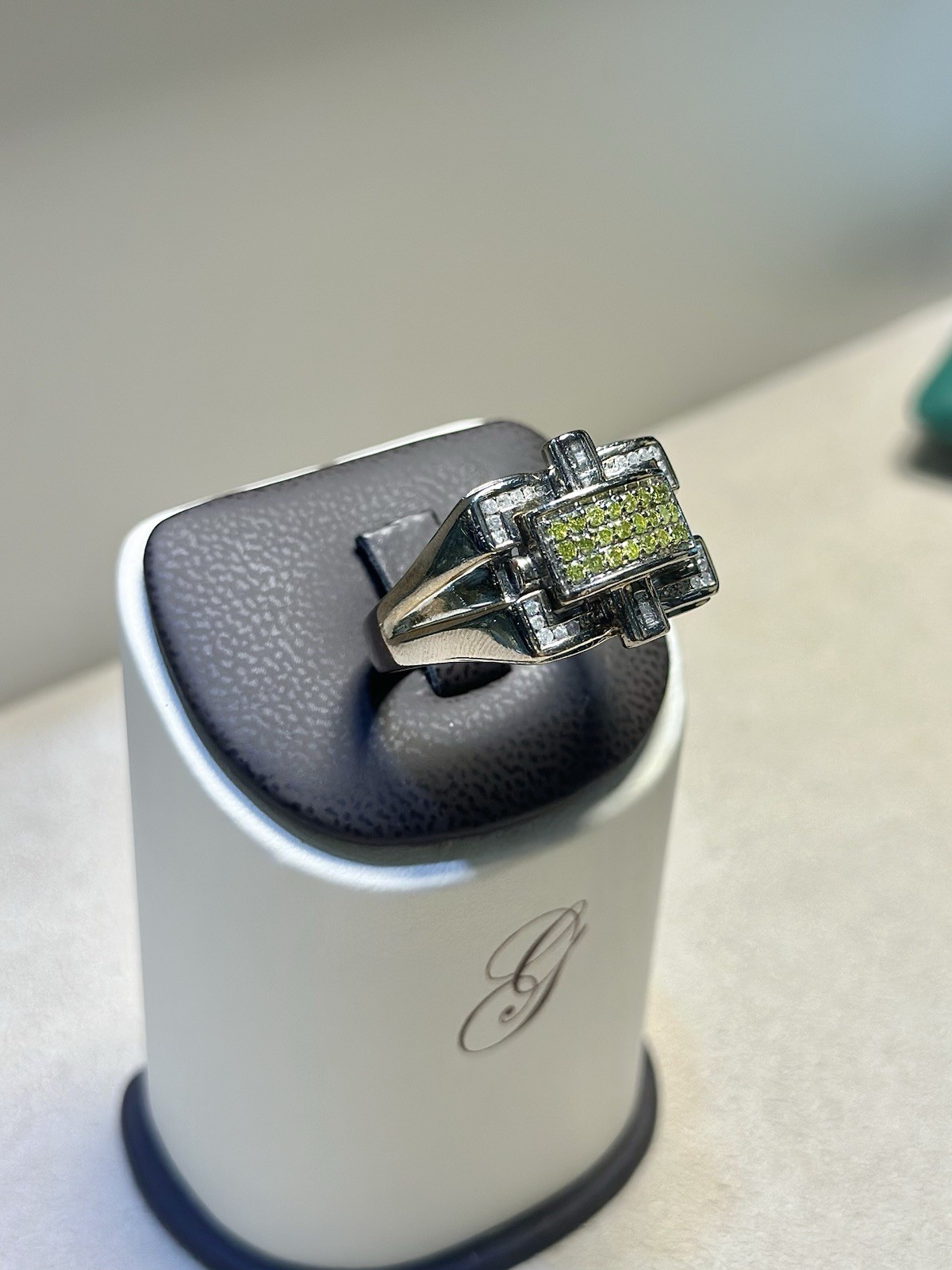 14K White Gold Fancy Yellow Diamond Geometric Ring -Approx 1.50 CTW – 14.8 Grams
