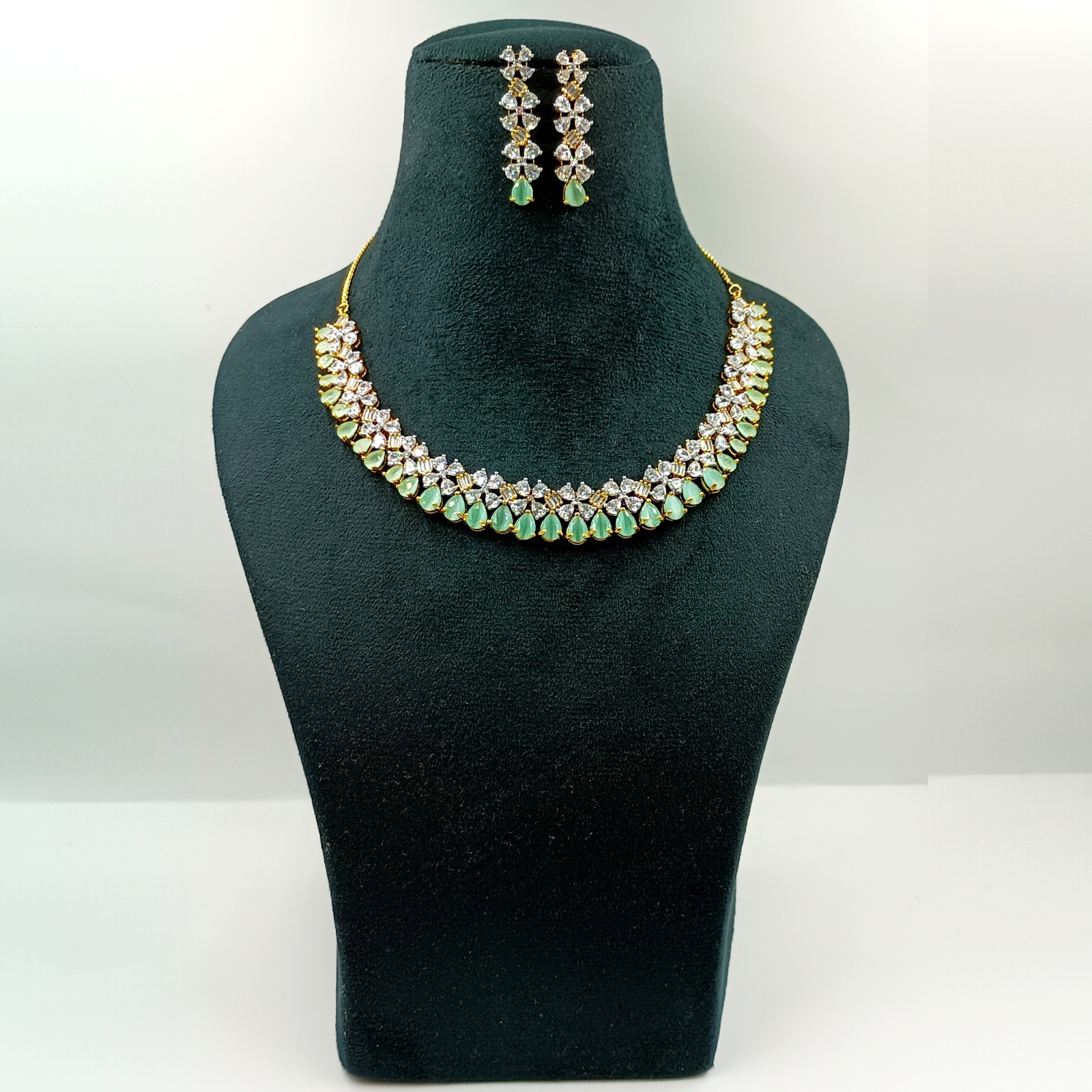 Designer Chalcedony CZ Diamond Gold Plated Necklace Set Bridal Jewelry For Women