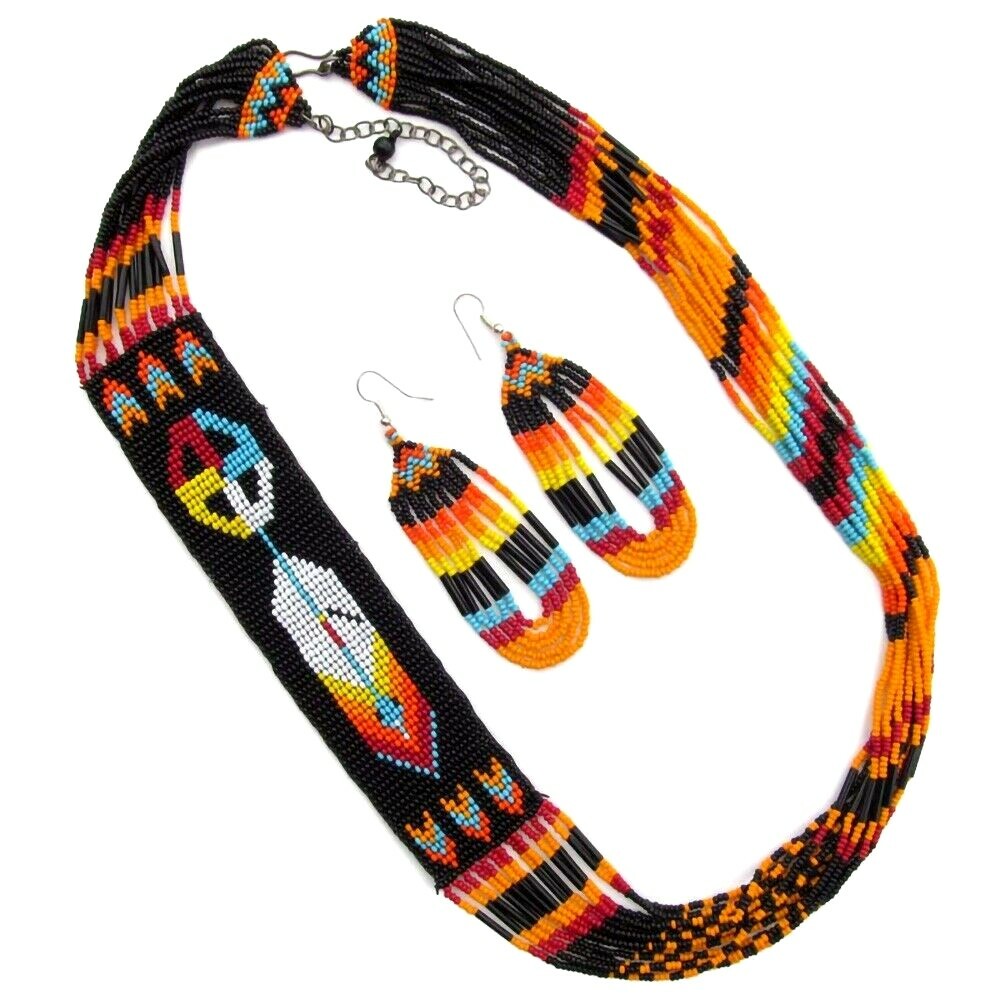 HANDCRAFTED NATIVE STYLE FEATHER MULTI-COLOR BEADED NECKLACE EARRINGS S53/7