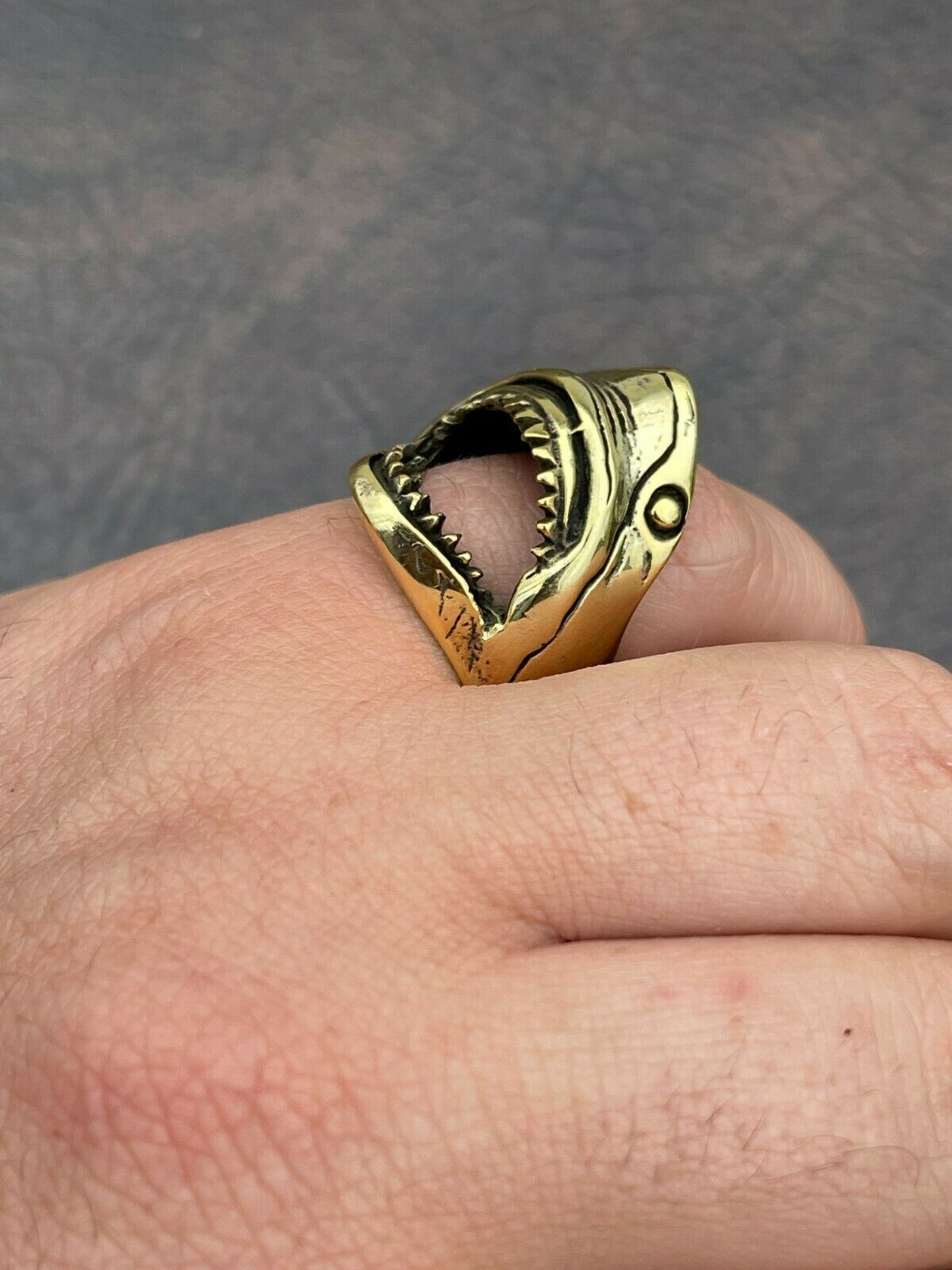 Real 14k Gold Plated 925 Sterling Silver Mens Great White Shark Teeth JAWS Ring