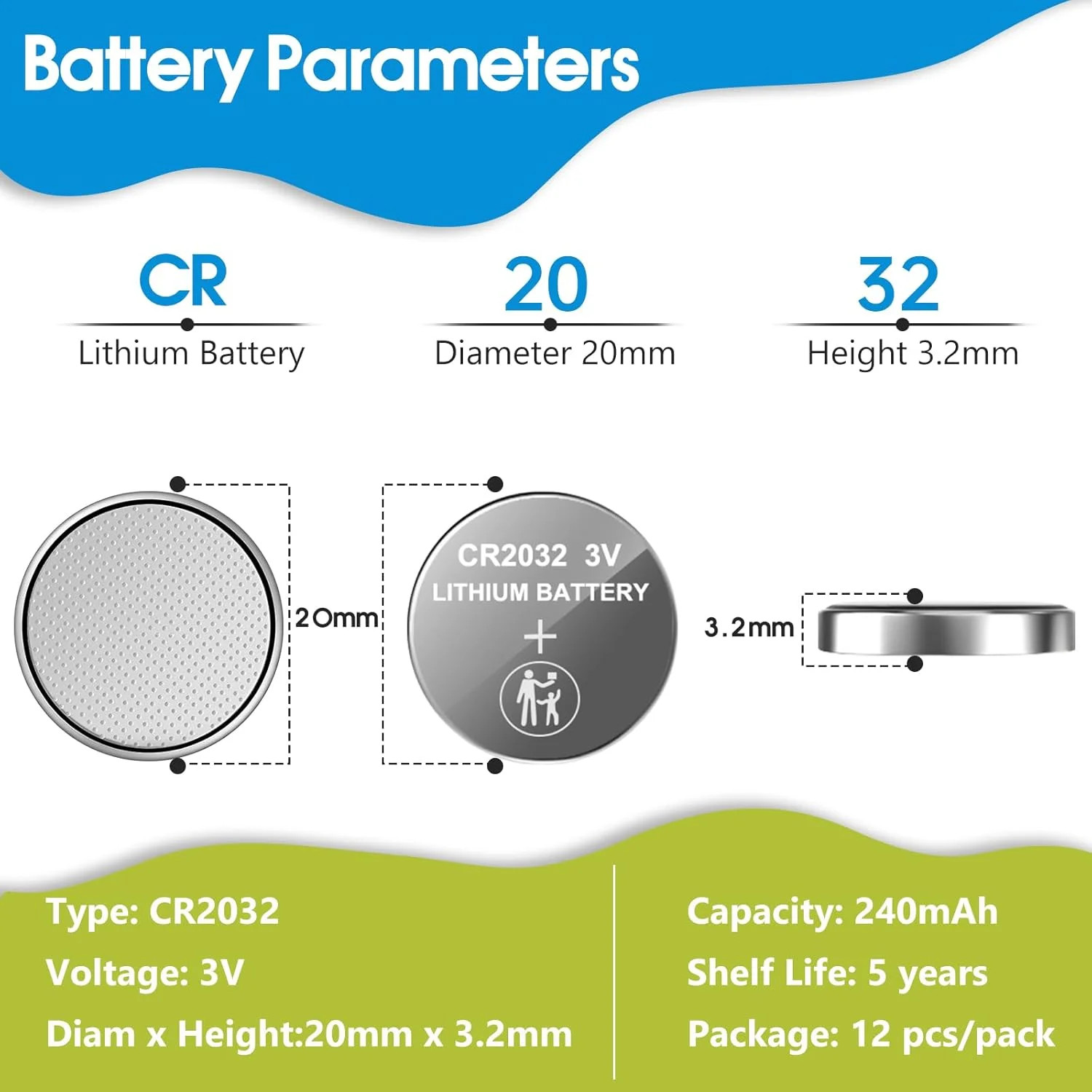 CR2032 Batteries, 12 Count Pack, 2032 Lithium 3V Coin Battery Replacement for Ap